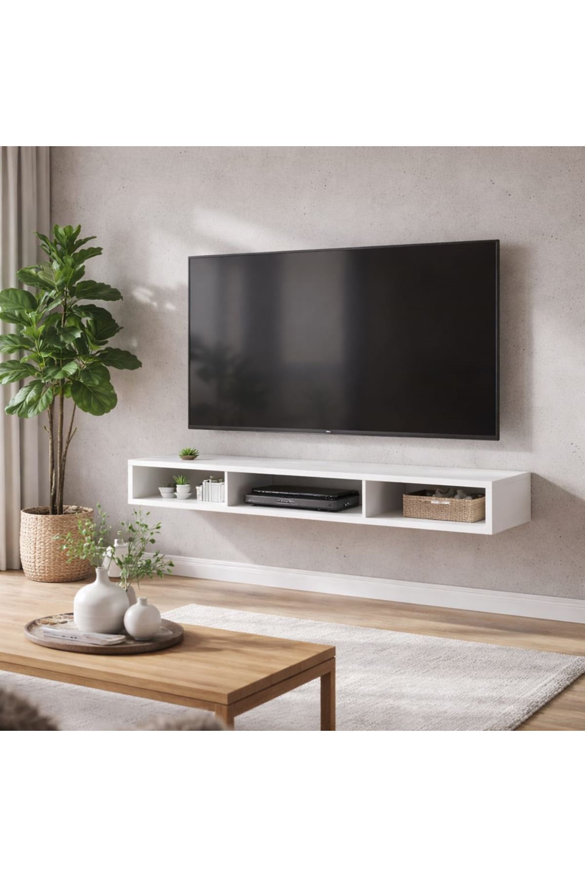 Dekoratif Raflı Duvar Tv Ünitesi  Üç Bölmeli Beyaz