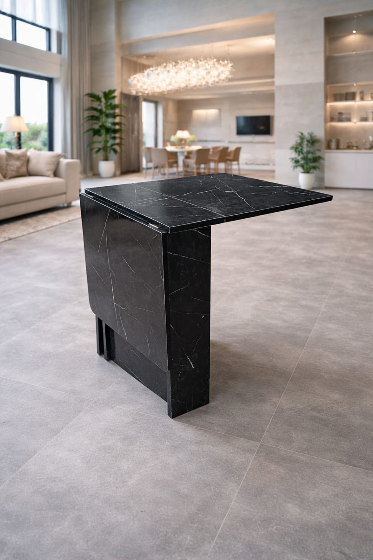 Demonte Pratik Açılır Kapanır Kanatlı Masa - Yemek Masası Siyah Mermer