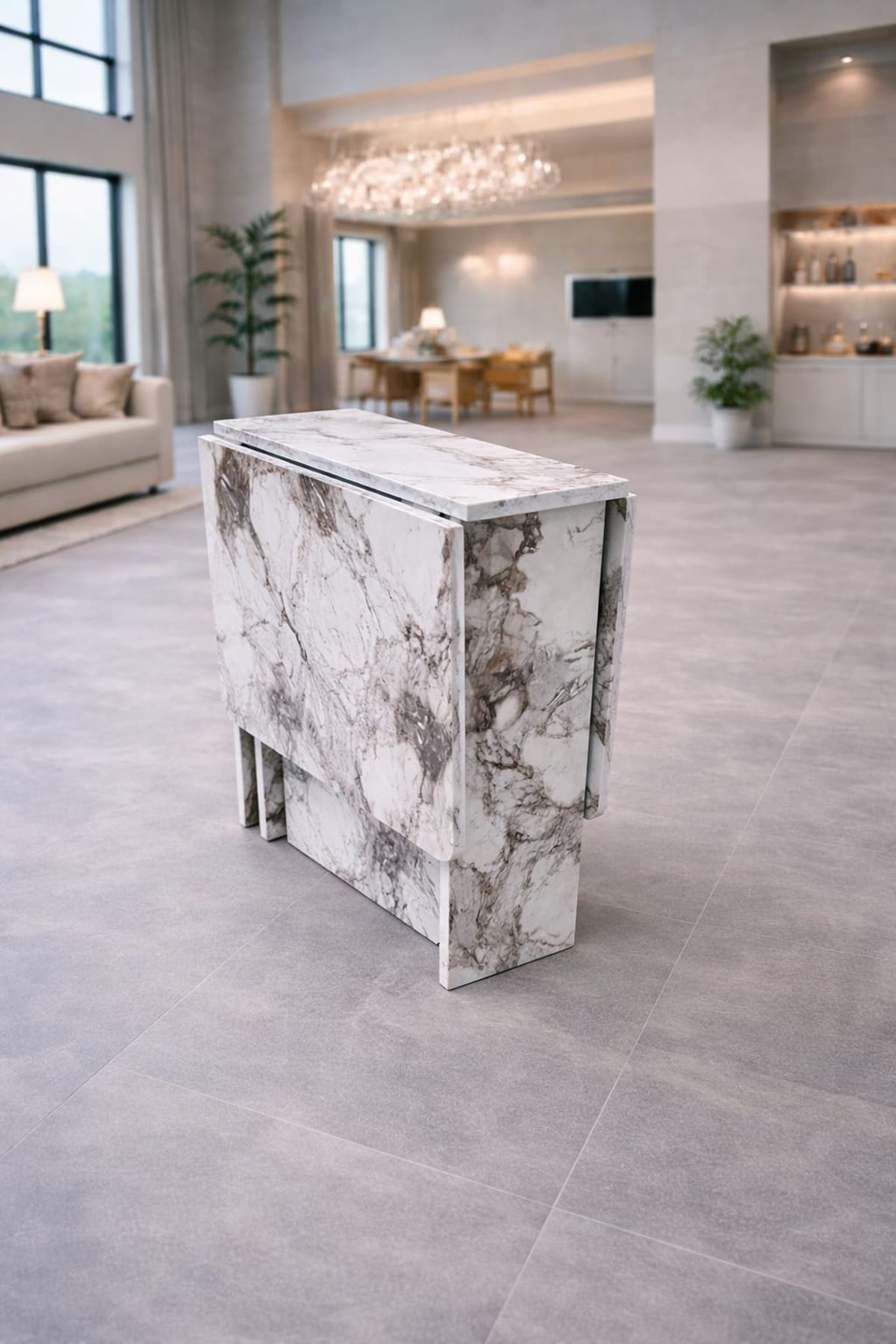 Demonte Pratik Açılır Kapanır Kanatlı Masa - Yemek Masası Beyaz Mermer