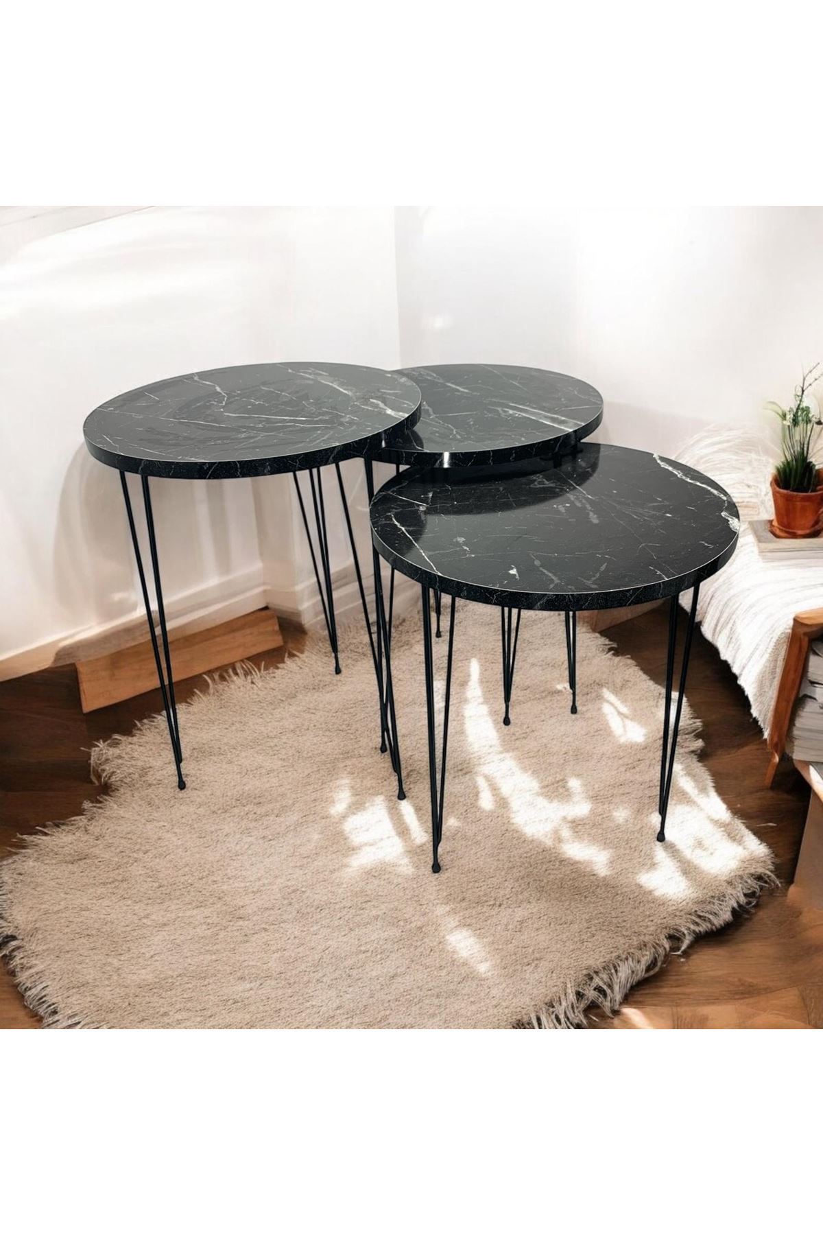 Zigon Sehpa 3'lü Yuvarlak Model Metal Tel Ayak ( SİYAH MERMER )