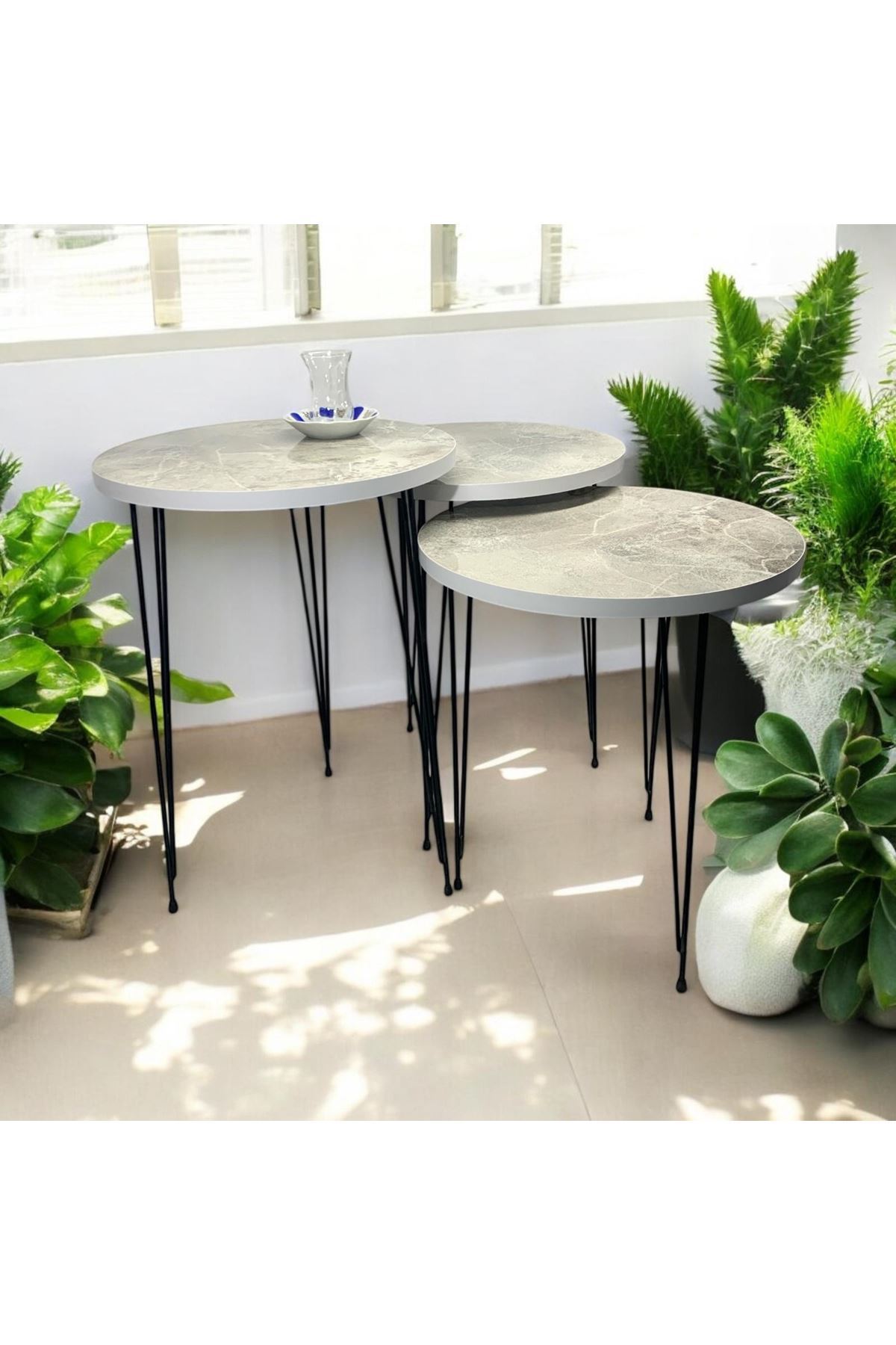 Zigon Sehpa 3'lü Yuvarlak Model Metal Tel Ayak ( BEYAZ MERMER)