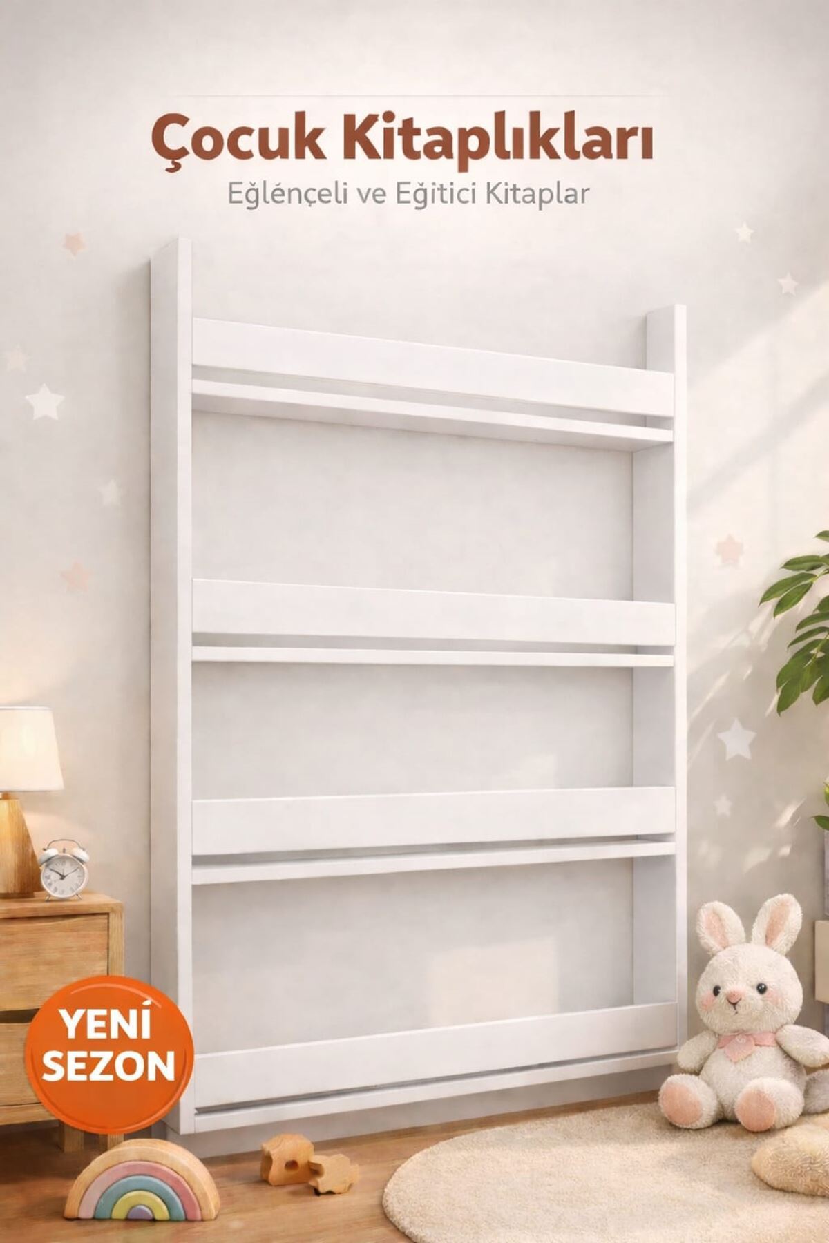 Çocuk Kitaplığı 4 Raflı Duvar Rafı Beyaz Kitaplık - Eğitici Tasarım