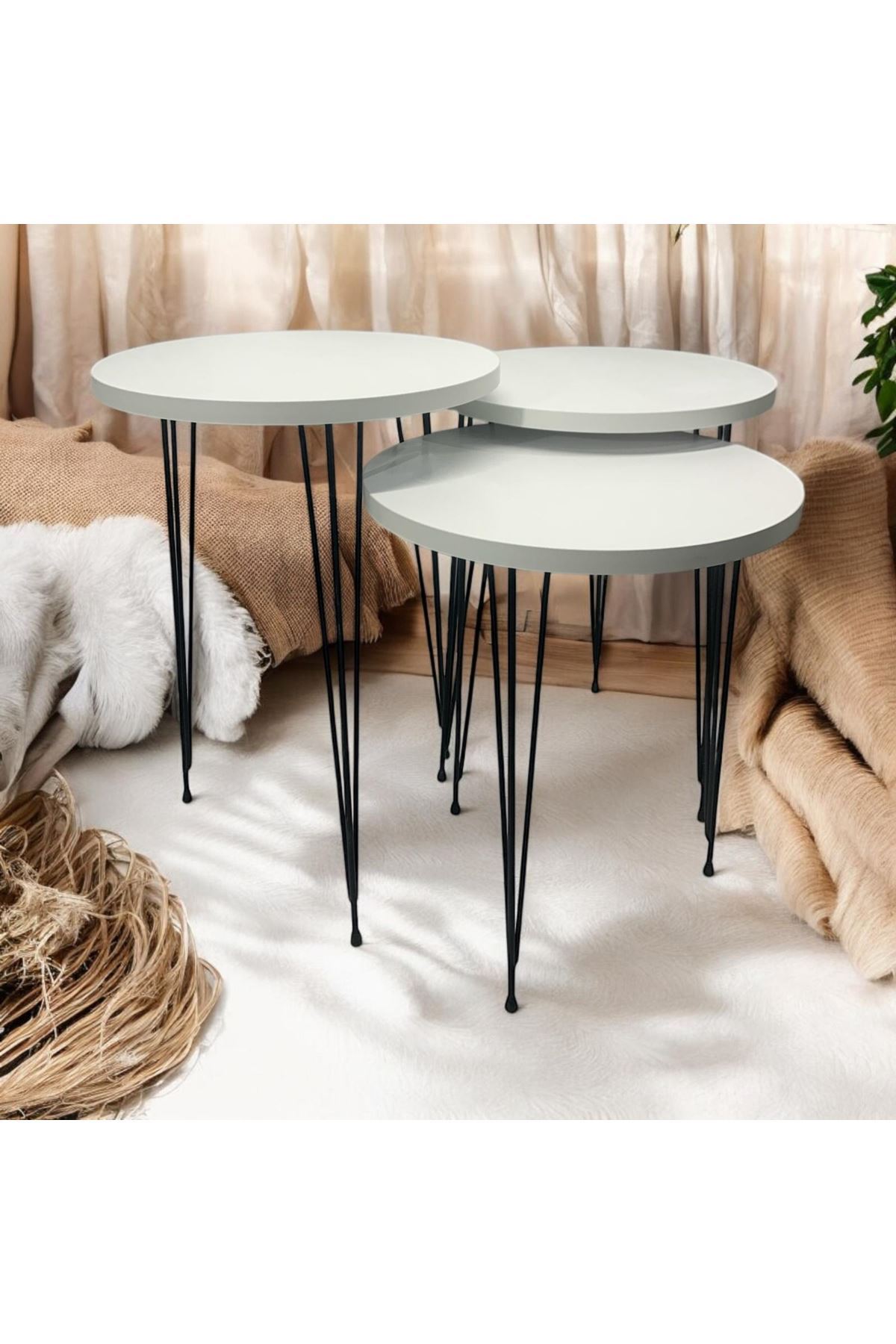 Zigon Sehpa 3'lü Yuvarlak Model Metal Tel Ayak ( BEYAZ )