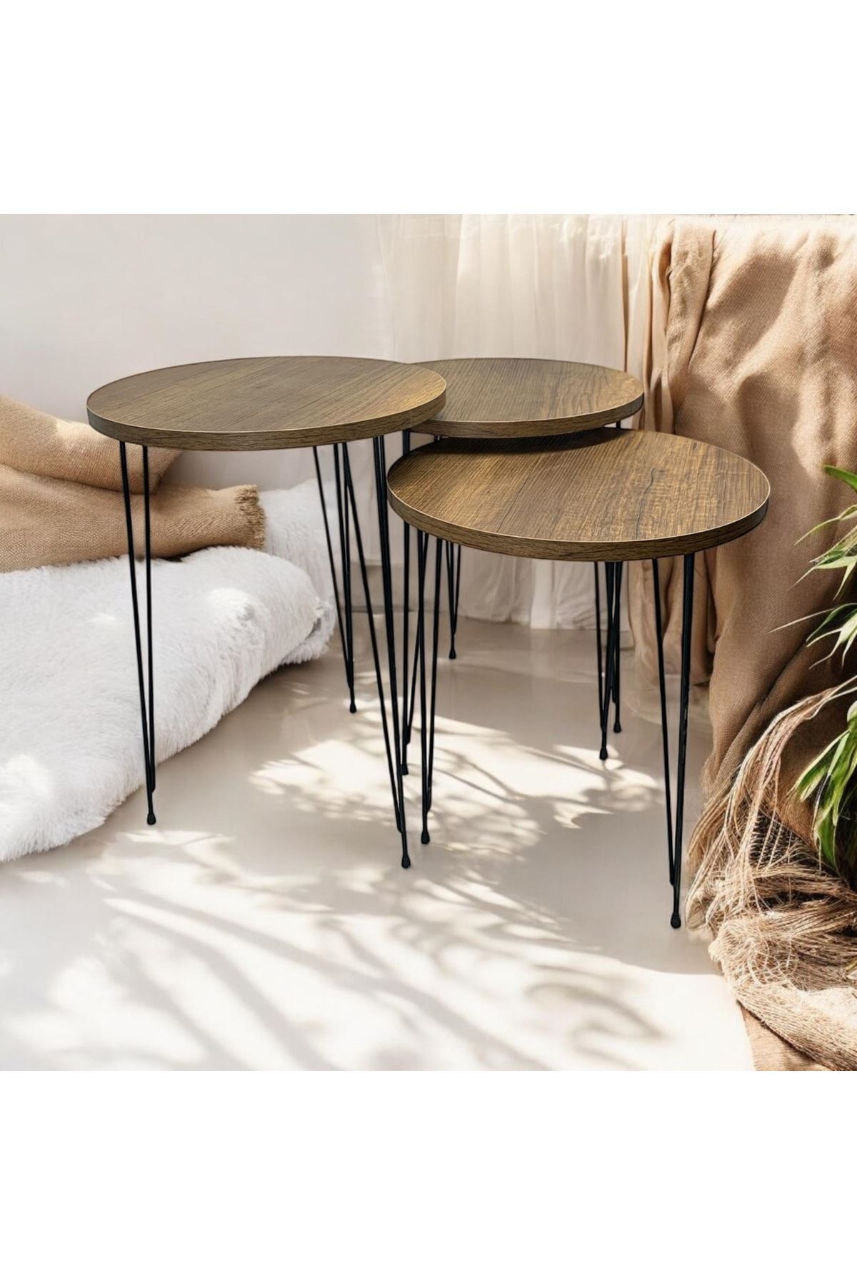 Zigon Sehpa 3'lü Yuvarlak Model Metal Tel Ayak ( BAROK )