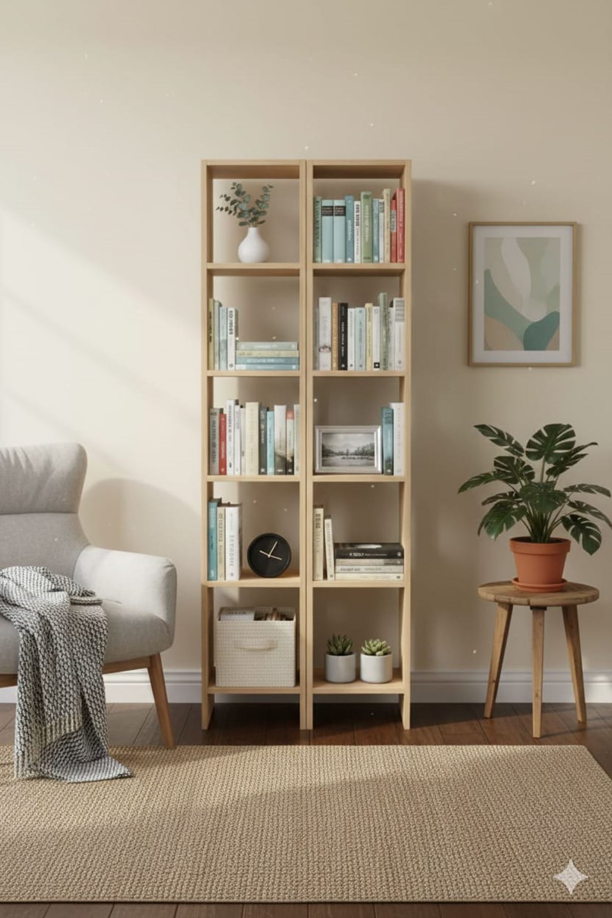 2'li 6 Raflı Dekoratif Kitaplık Atlantik Çam Kitaplık Ofis Kitaplığı Dolap Kitap Rafı