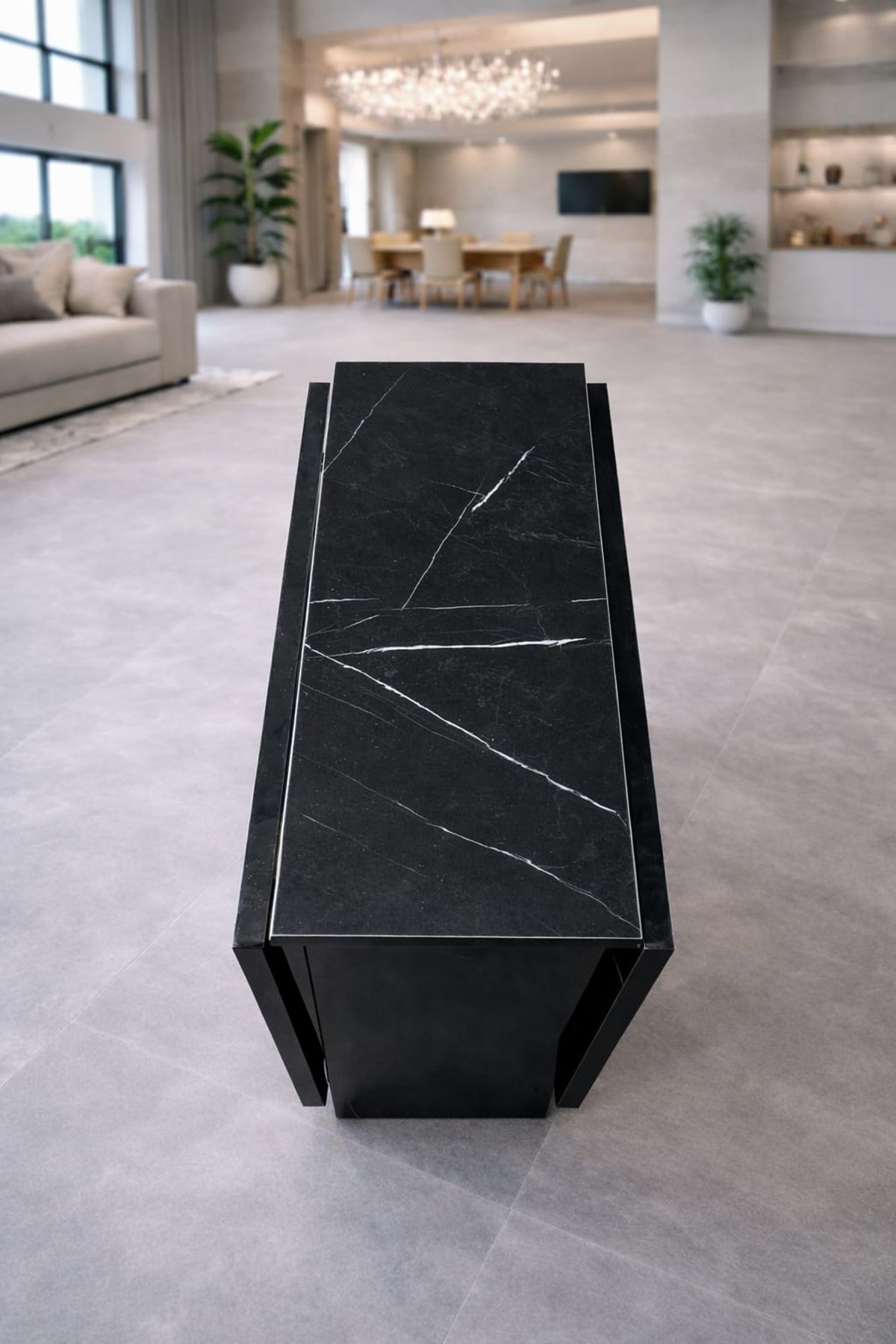 Demonte Pratik Açılır Kapanır Kanatlı Masa - Yemek Masası Siyah Mermer