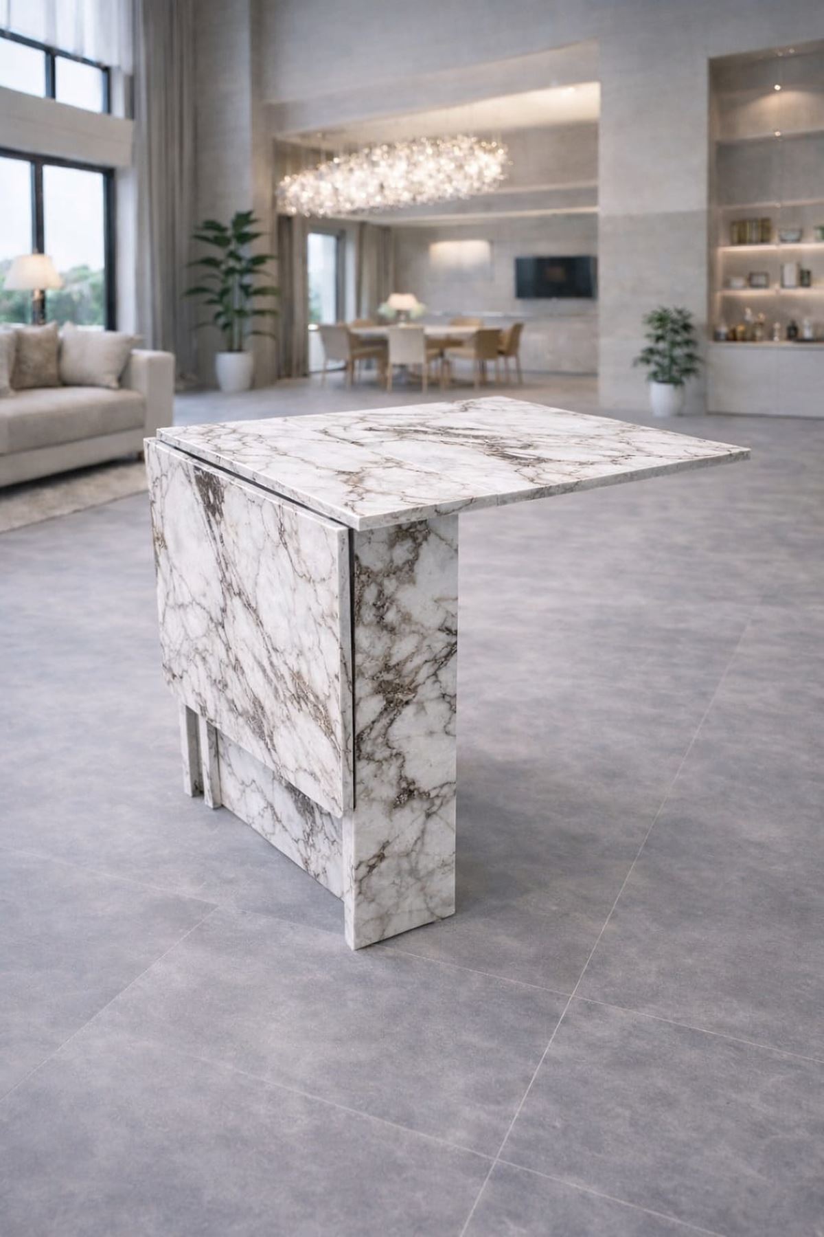 Demonte Pratik Açılır Kapanır Kanatlı Masa - Yemek Masası Beyaz Mermer