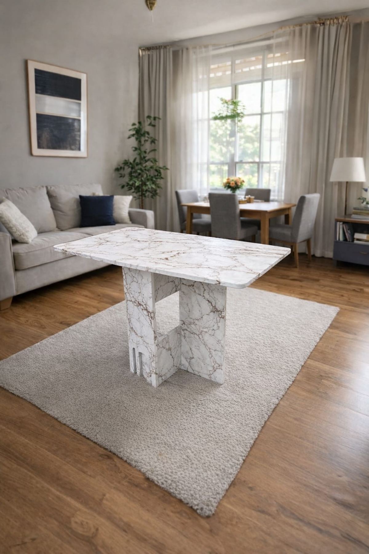 Demonte Pratik Açılır Kapanır Kanatlı Masa - Yemek Masası Beyaz Mermer