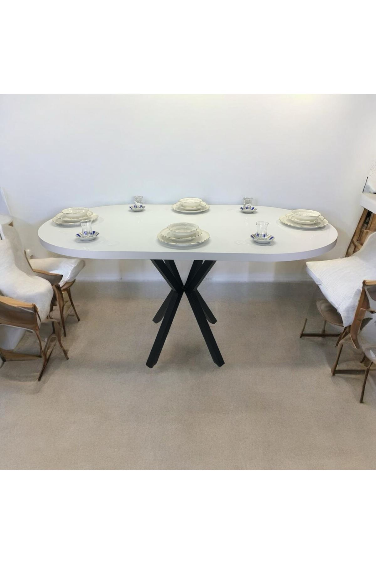 Oval Yemek Masası 6 Kişilik 160 x 90 BEYAZ