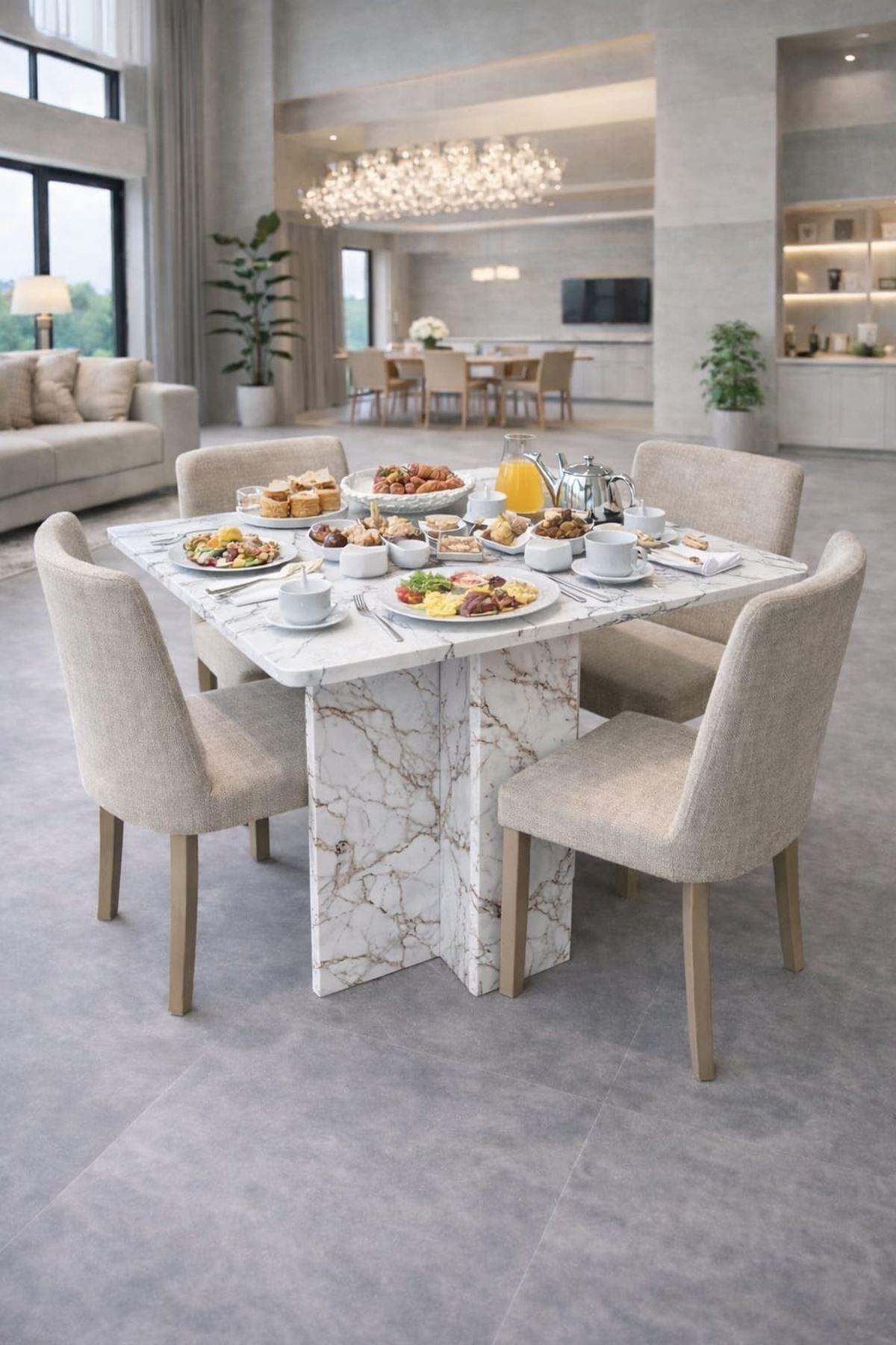 Demonte Pratik Açılır Kapanır Kanatlı Masa - Yemek Masası Beyaz Mermer