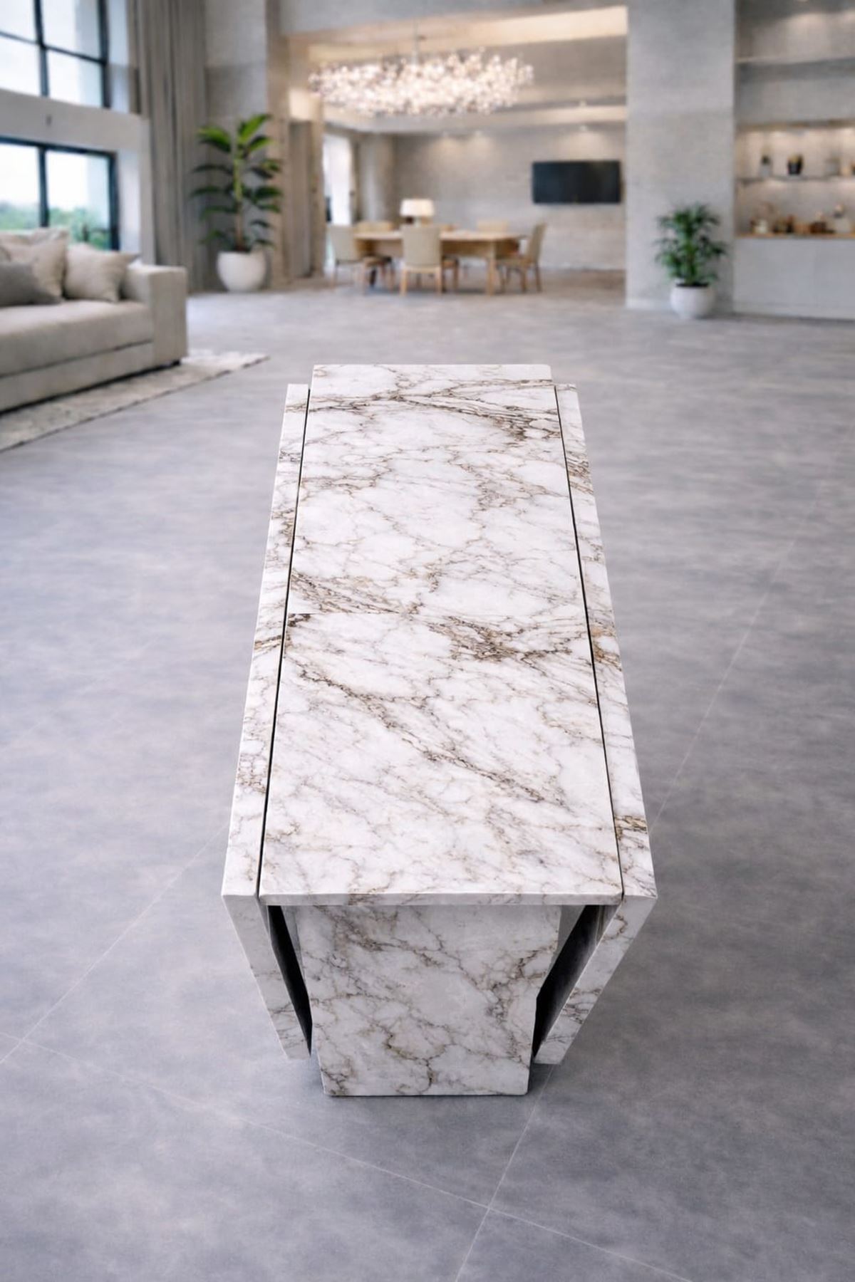 Demonte Pratik Açılır Kapanır Kanatlı Masa - Yemek Masası Beyaz Mermer