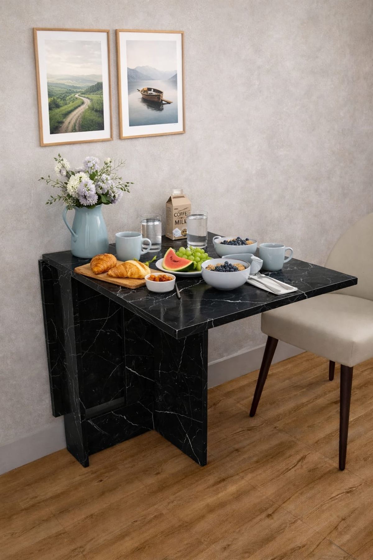 Demonte Pratik Açılır Kapanır Kanatlı Masa - Yemek Masası Siyah Mermer