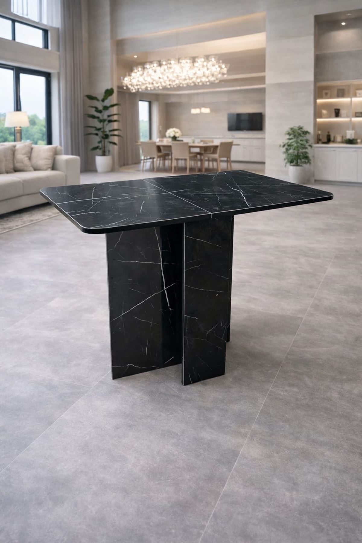 Demonte Pratik Açılır Kapanır Kanatlı Masa - Yemek Masası Siyah Mermer