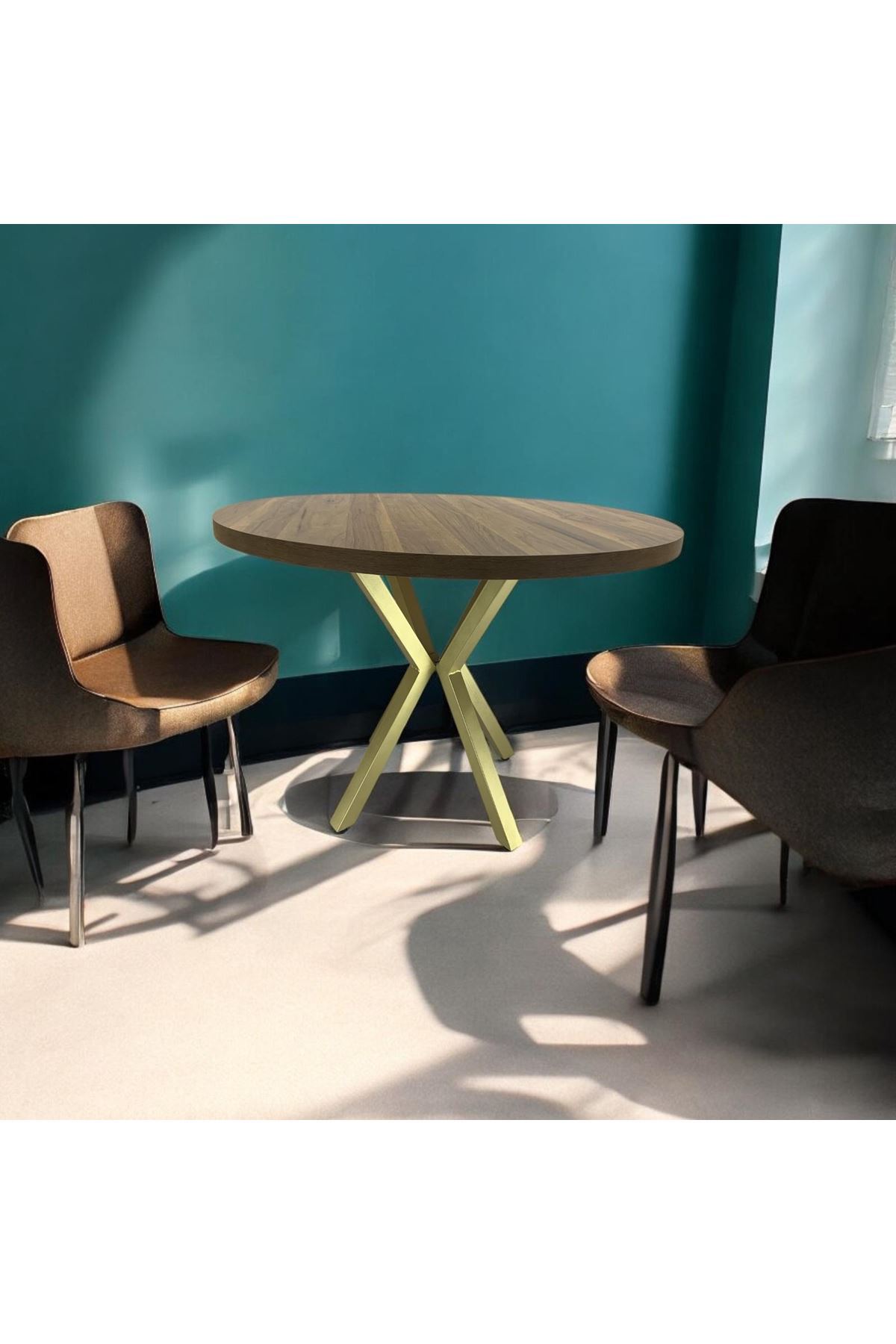 CEVİZ YUVARLAK YEMEK MASASI GOLD RENK AYAK 120 Çap