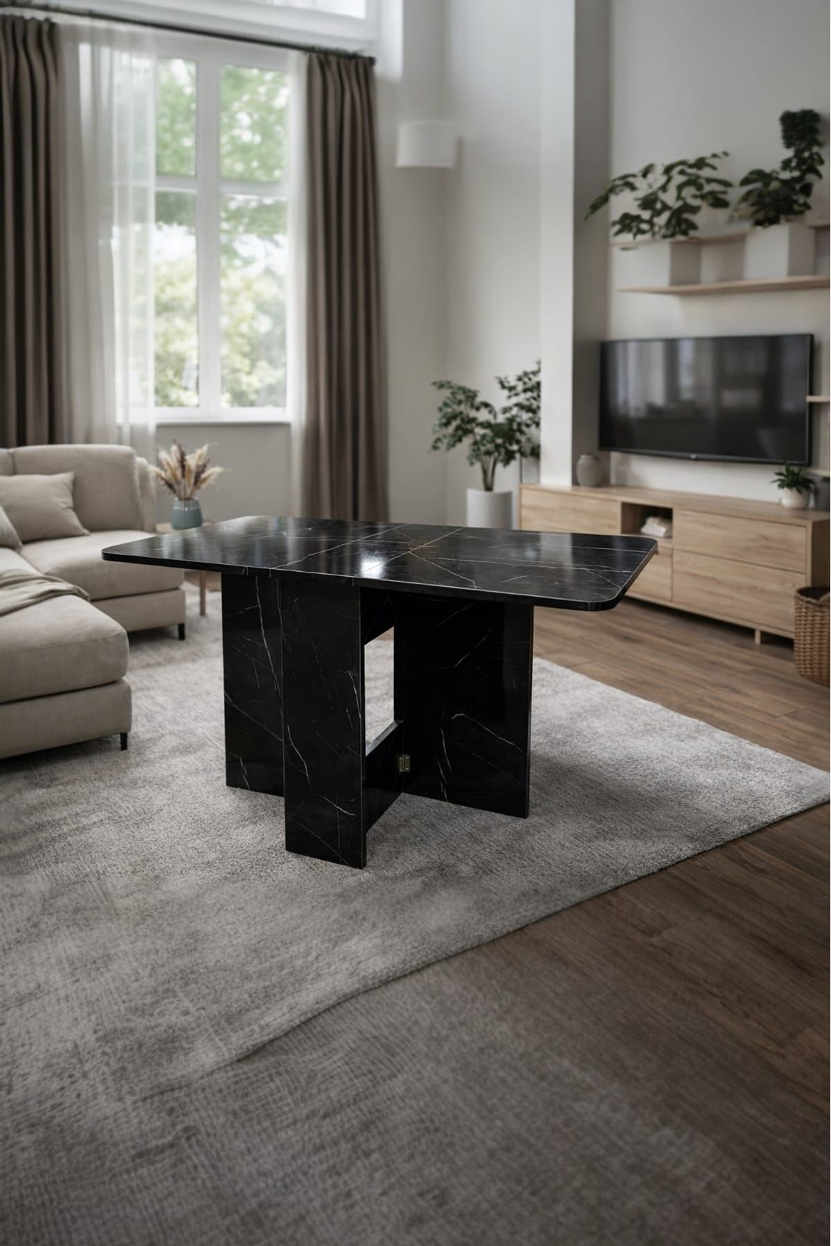 Demonte Pratik Açılır Kapanır Kanatlı Masa - Yemek Masası Siyah Mermer