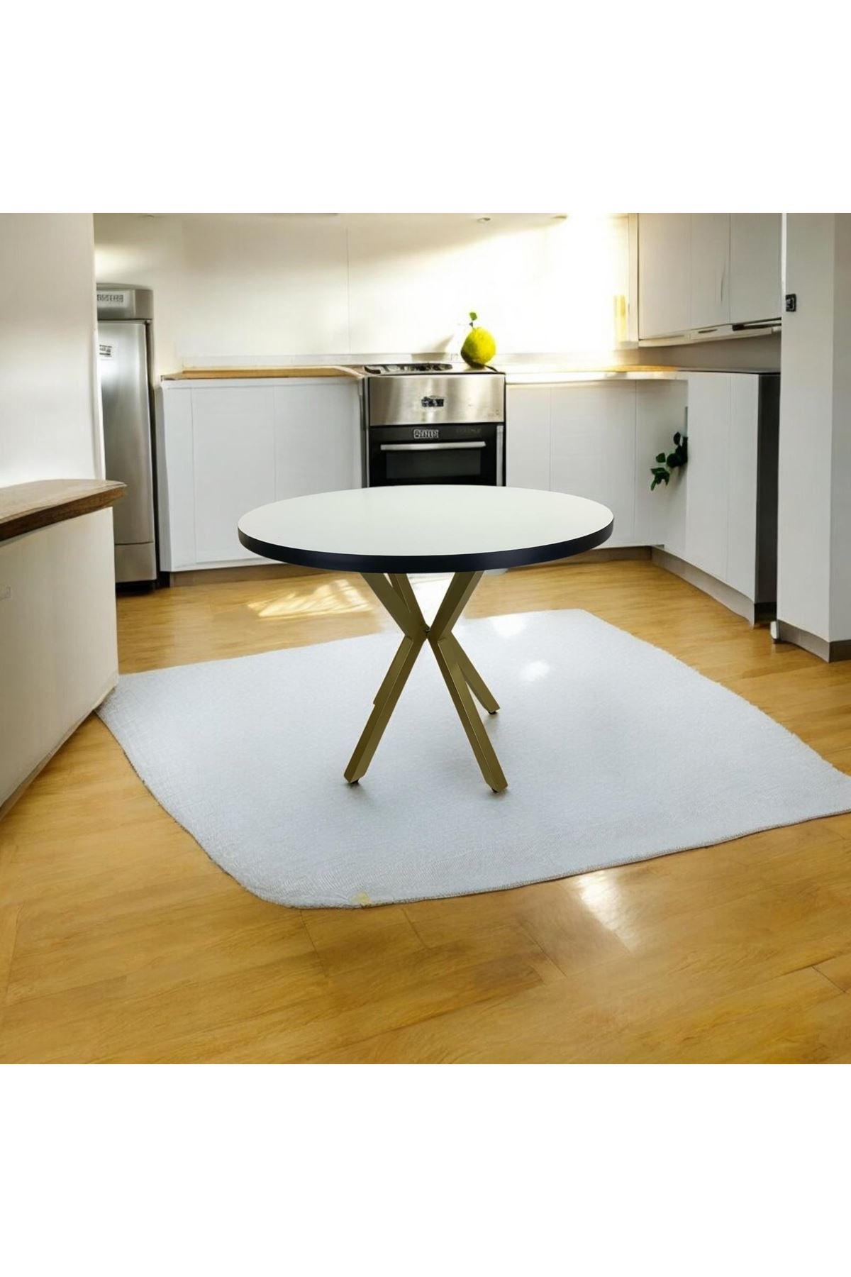 BEYAZ YUVARLAK YEMEK MASASI GOLD RENK AYAK 100 Çap