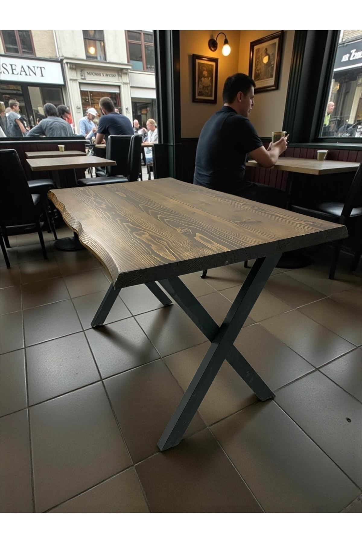 CAFE MASA CEVİZ KÖKNAR Kütük Masa X AYAK SİYAH 180x90