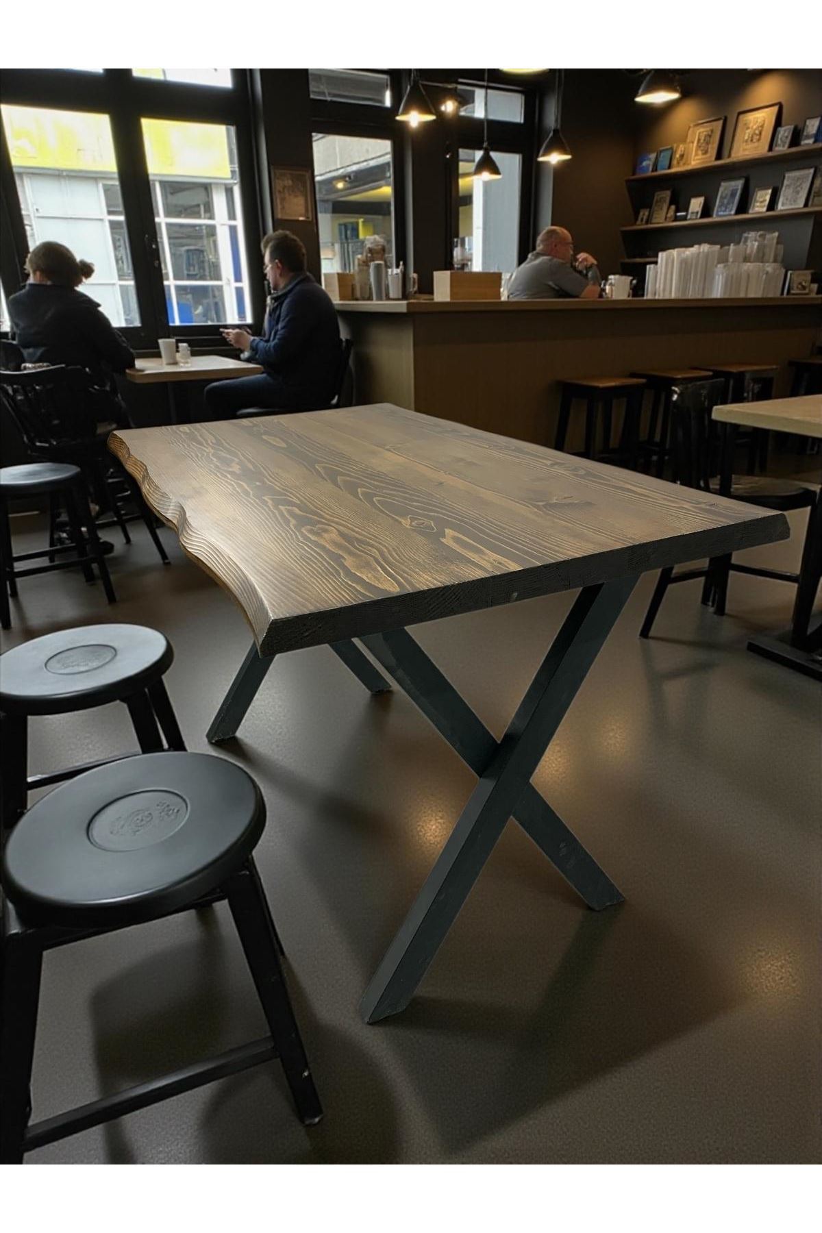 CAFE MASA CEVİZ KÖKNAR Kütük Masa X AYAK SİYAH 180x90