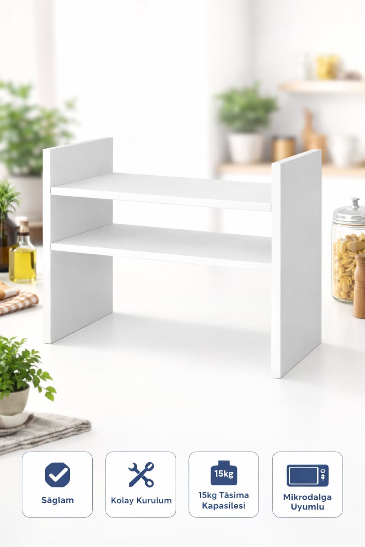 Beyaz Tezgah Üstü Raf - Fırın, Mikrodalga Organizer Düzenleyici -Çok Amaçlı Raf