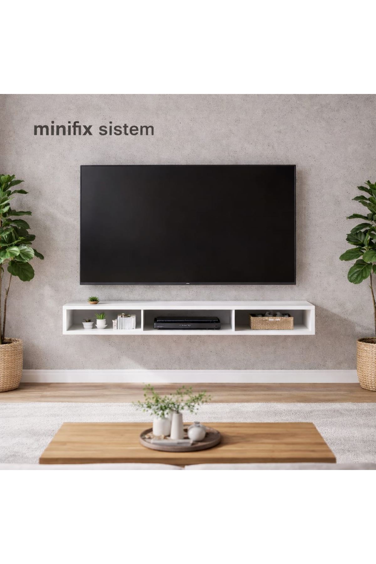 Dekoratif Raflı Duvar Tv Ünitesi  Üç Bölmeli Beyaz 130