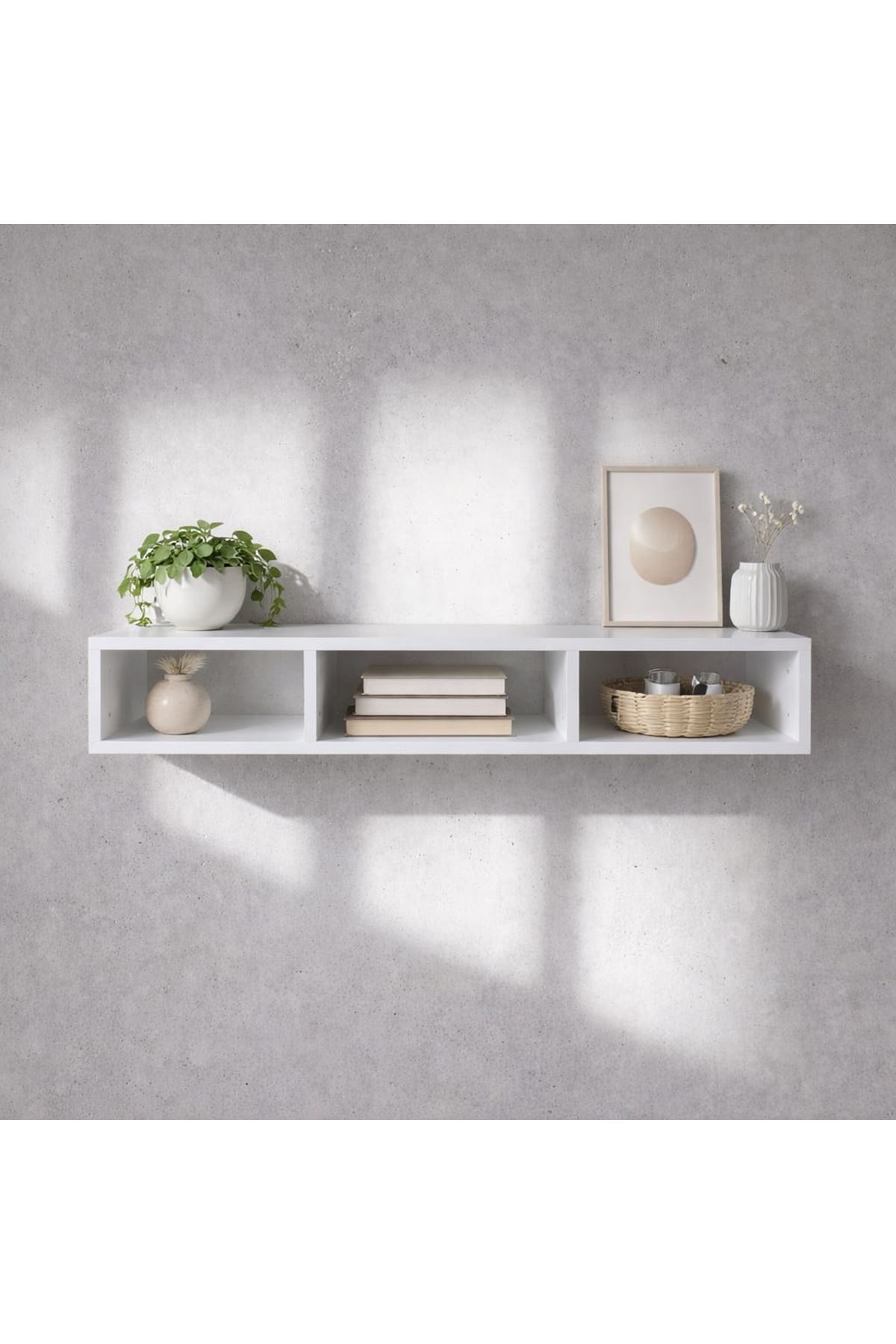 Dekoratif Raflı Duvar Tv Ünitesi  Üç Bölmeli Beyaz 130