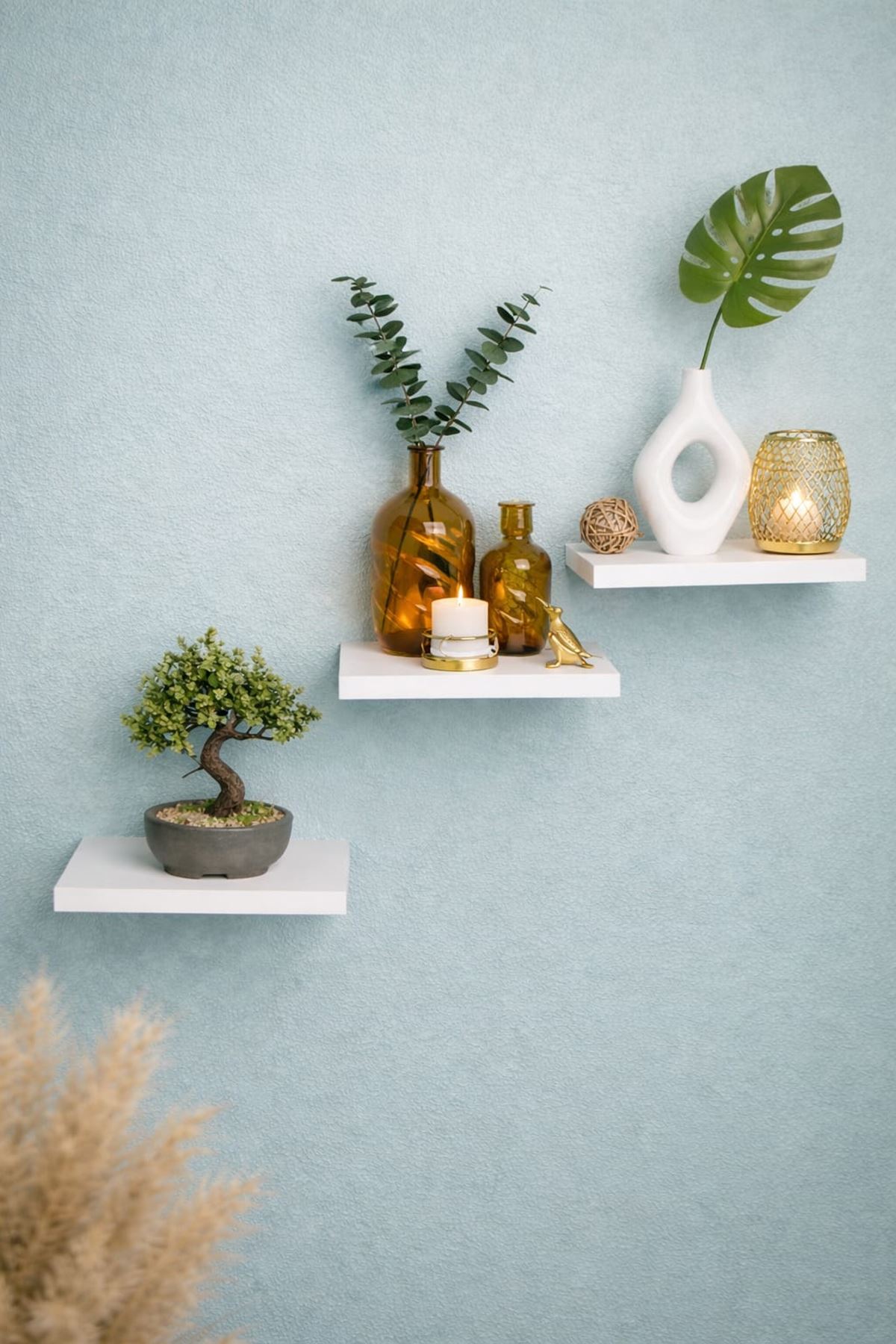 3'lü Uçan Duvar Rafı Set Gizli Raf- Beyaz 15x15