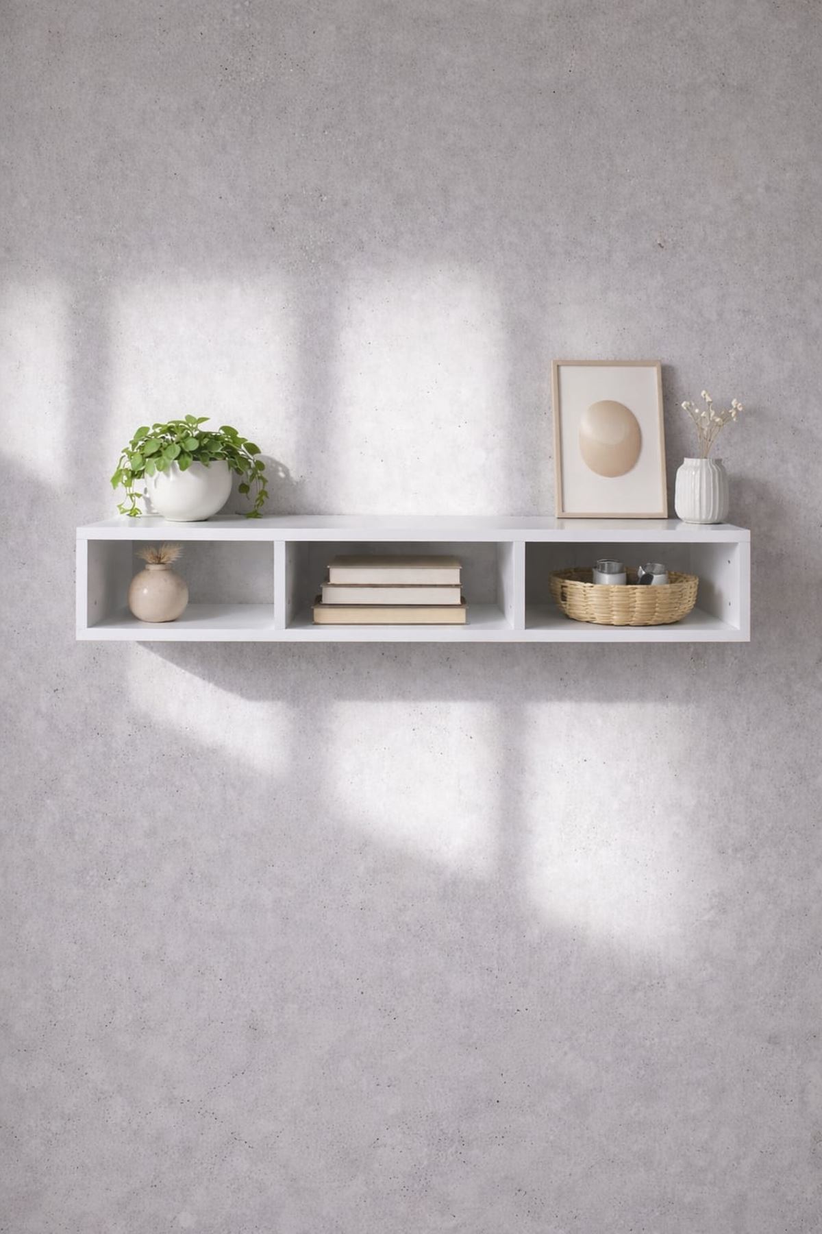 Dekoratif Raflı Duvar Tv Ünitesi  Üç Bölmeli Beyaz