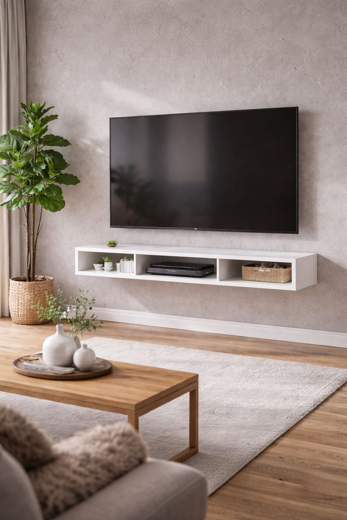 Dekoratif Raflı Duvar Tv Ünitesi  Üç Bölmeli Beyaz