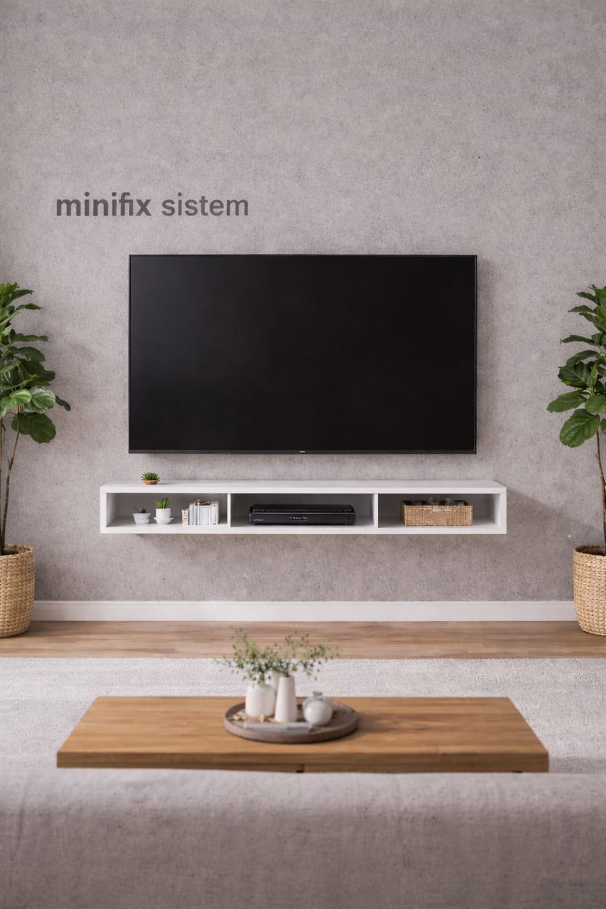 Dekoratif Raflı Duvar Tv Ünitesi  Üç Bölmeli Beyaz