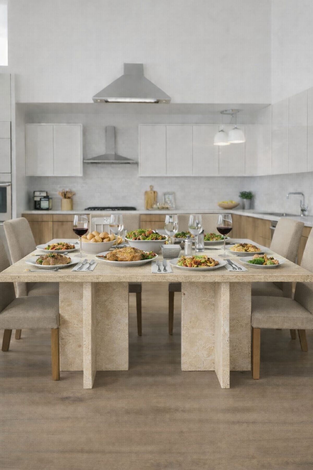 Dikdörtgen Salon Yemek Masası Kare Ayak 36mm Kalın Kenarlı 180x90-Traverten