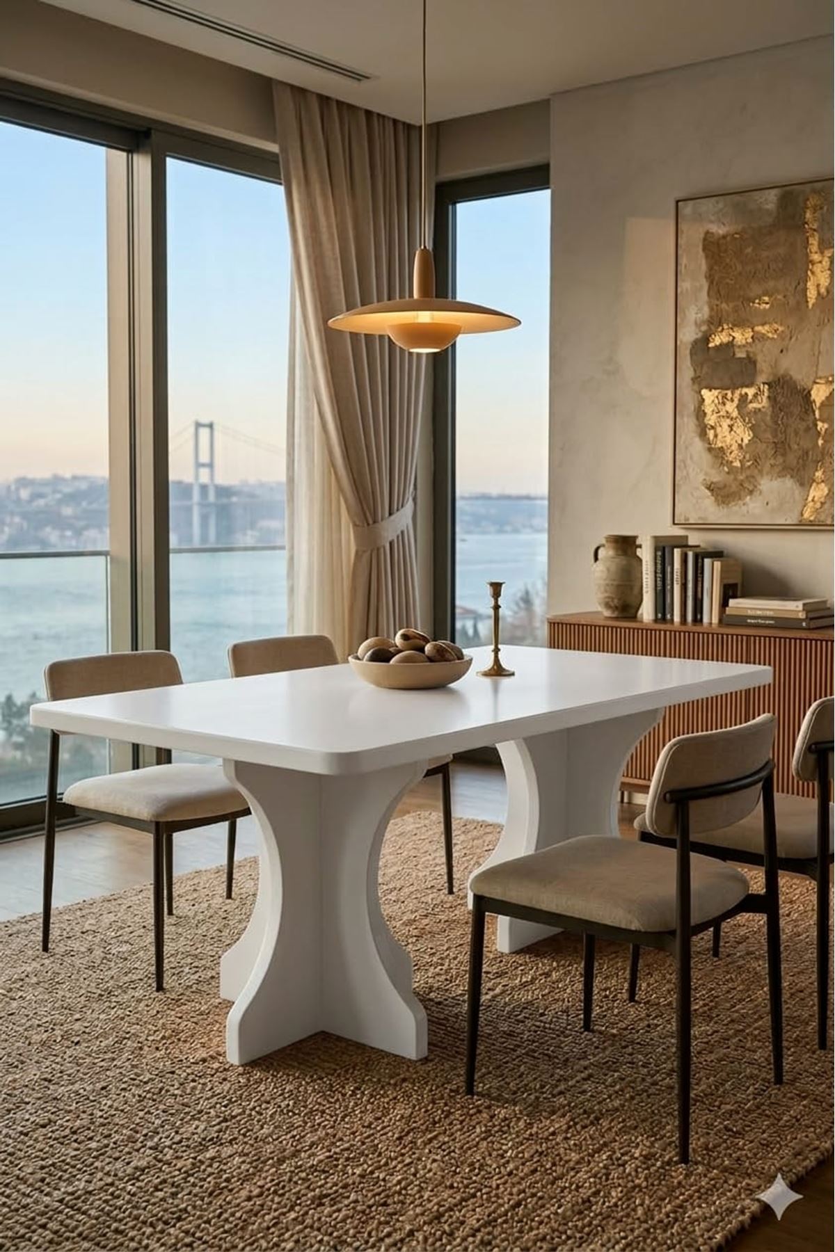 Dikdörtgen Salon Yemek Masası Kemer Ayak - 36mm Kalın Kenarlı -Beyaz