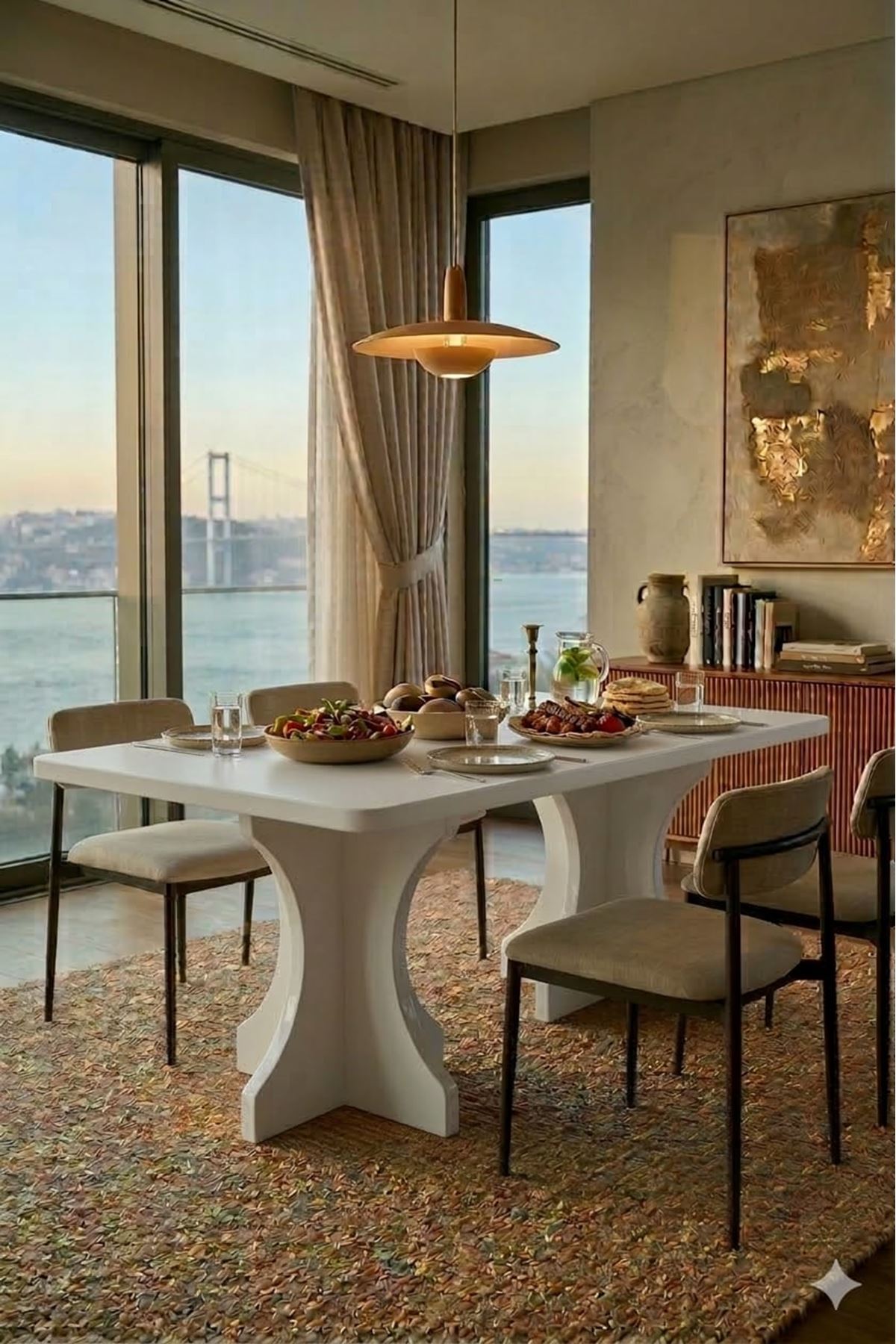 Dikdörtgen Salon Yemek Masası Kemer Ayak - 36mm Kalın Kenarlı -Beyaz