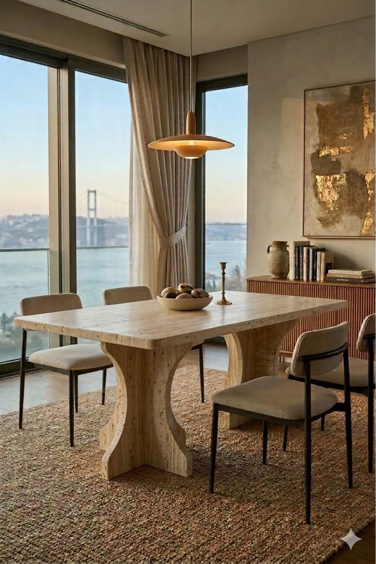 Dikdörtgen Salon Yemek Masası Kemer Ayak - 36mm Kalın Kenarlı 180x90-Traverten