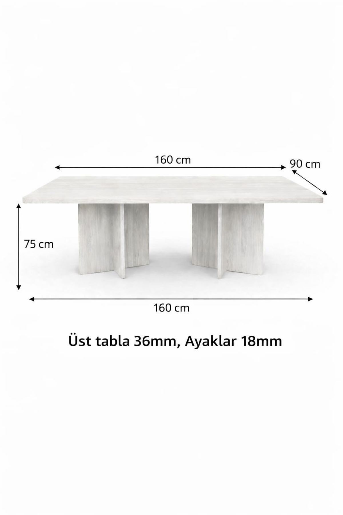 Dikdörtgen Salon Yemek Masası Kare Ayak 36mm Kalın Kenarlı 160x90-Beyaz