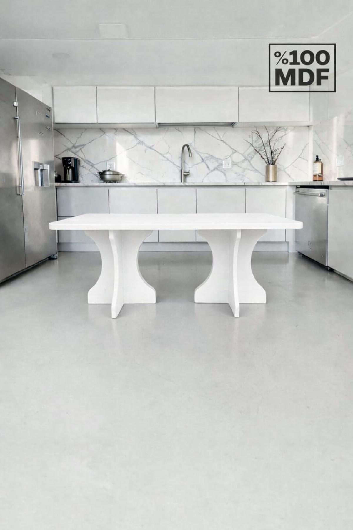 Dikdörtgen Salon Yemek Masası Kemer Ayak - 36mm Kalın Kenarlı 160x90-Beyaz