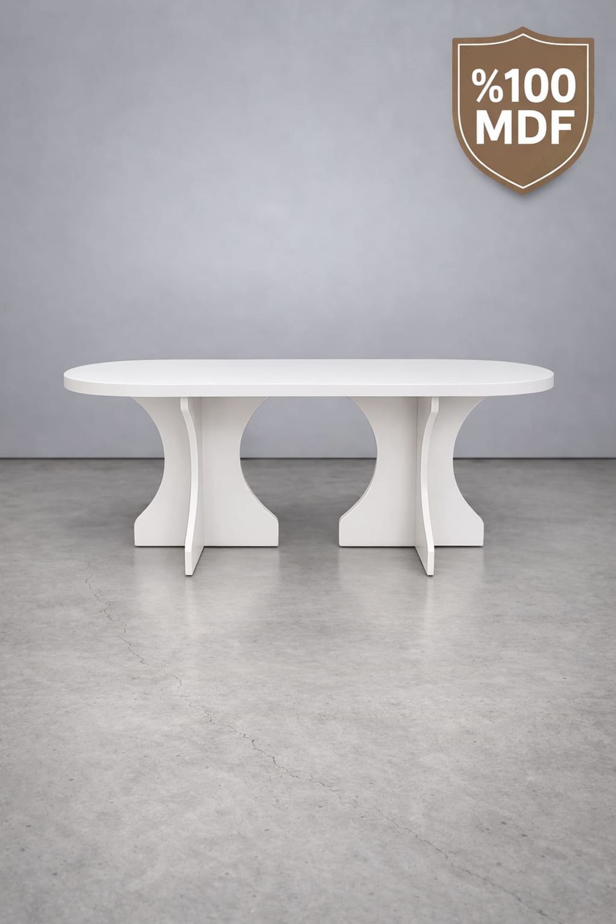 Oval Salon Yemek Masası Kemer Ayak 36mm Kalın Kenarlı 180x90 -Beyaz