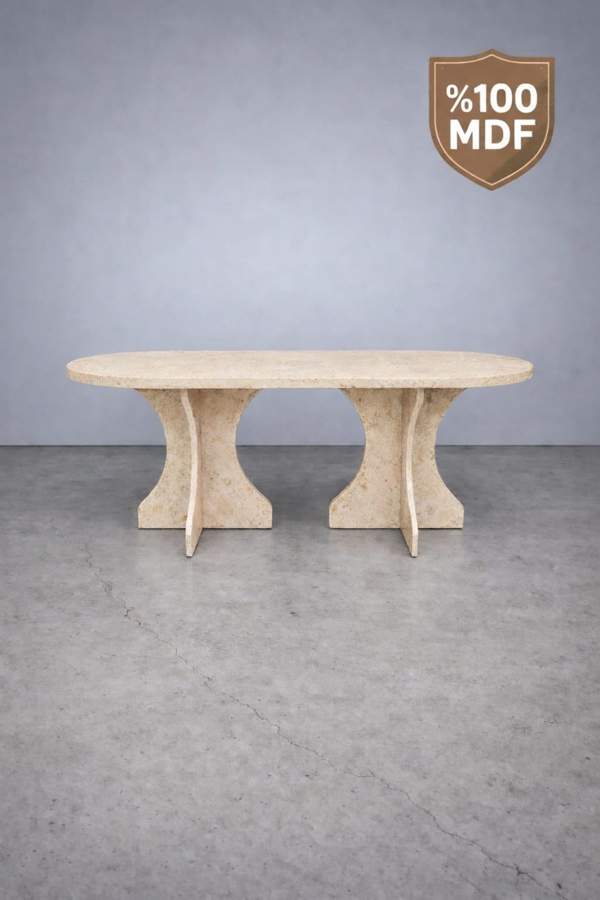 Oval Salon Yemek Masası Kemer Ayak 36mm Kalın Kenarlı 160x90-Traverten