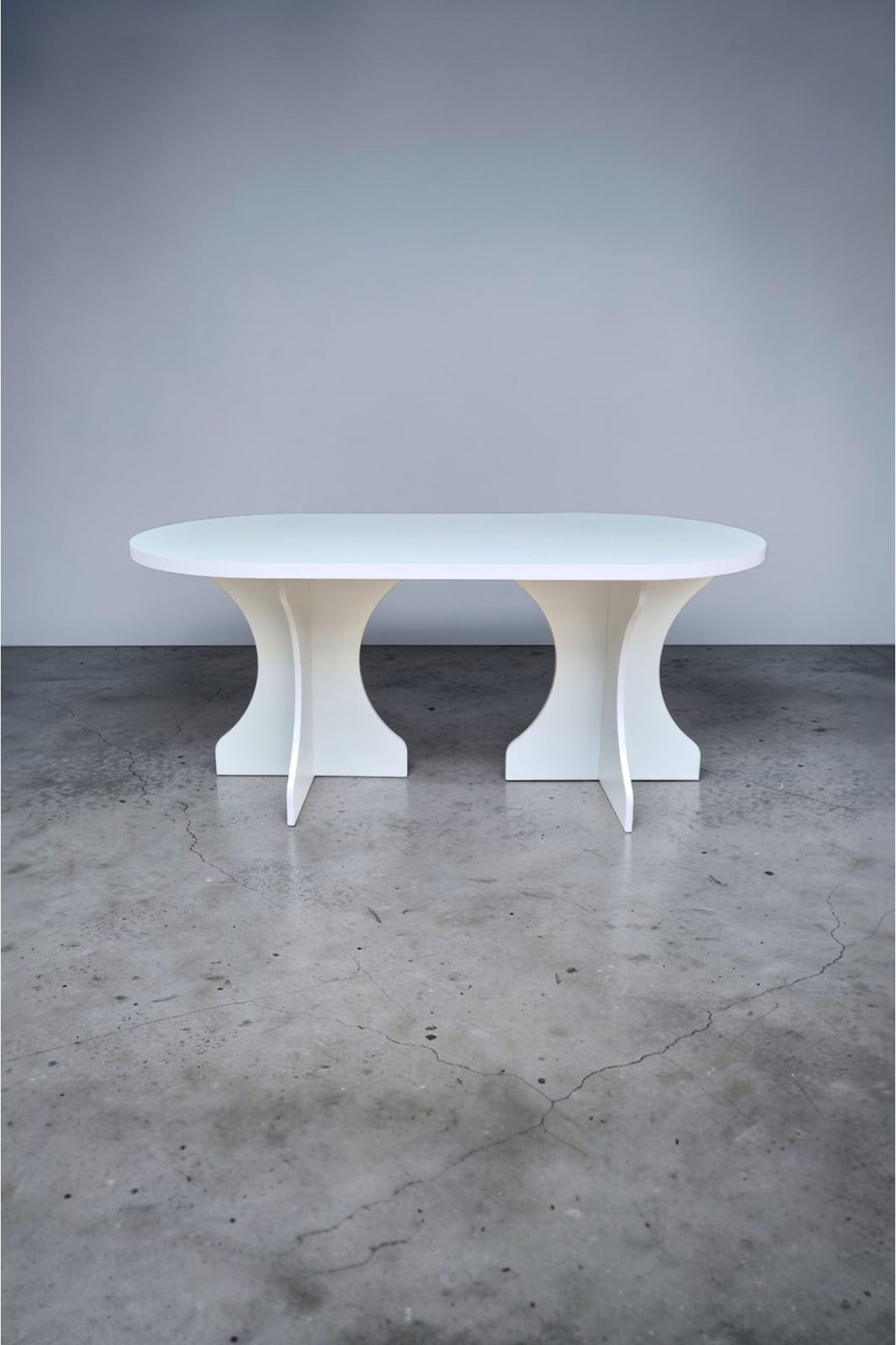 Oval Salon Yemek Masası Kemer Ayak 36mm Kalın Kenarlı 160x90 -Beyaz