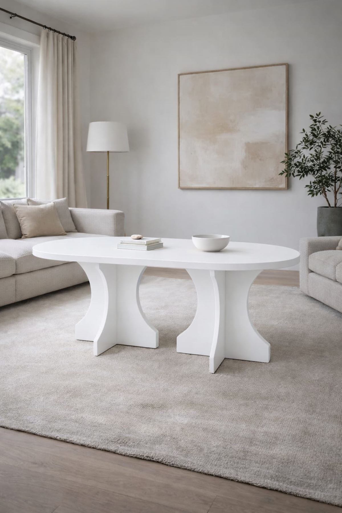 Oval Salon Yemek Masası Kemer Ayak 36mm Kalın Kenarlı 160x90 -Beyaz