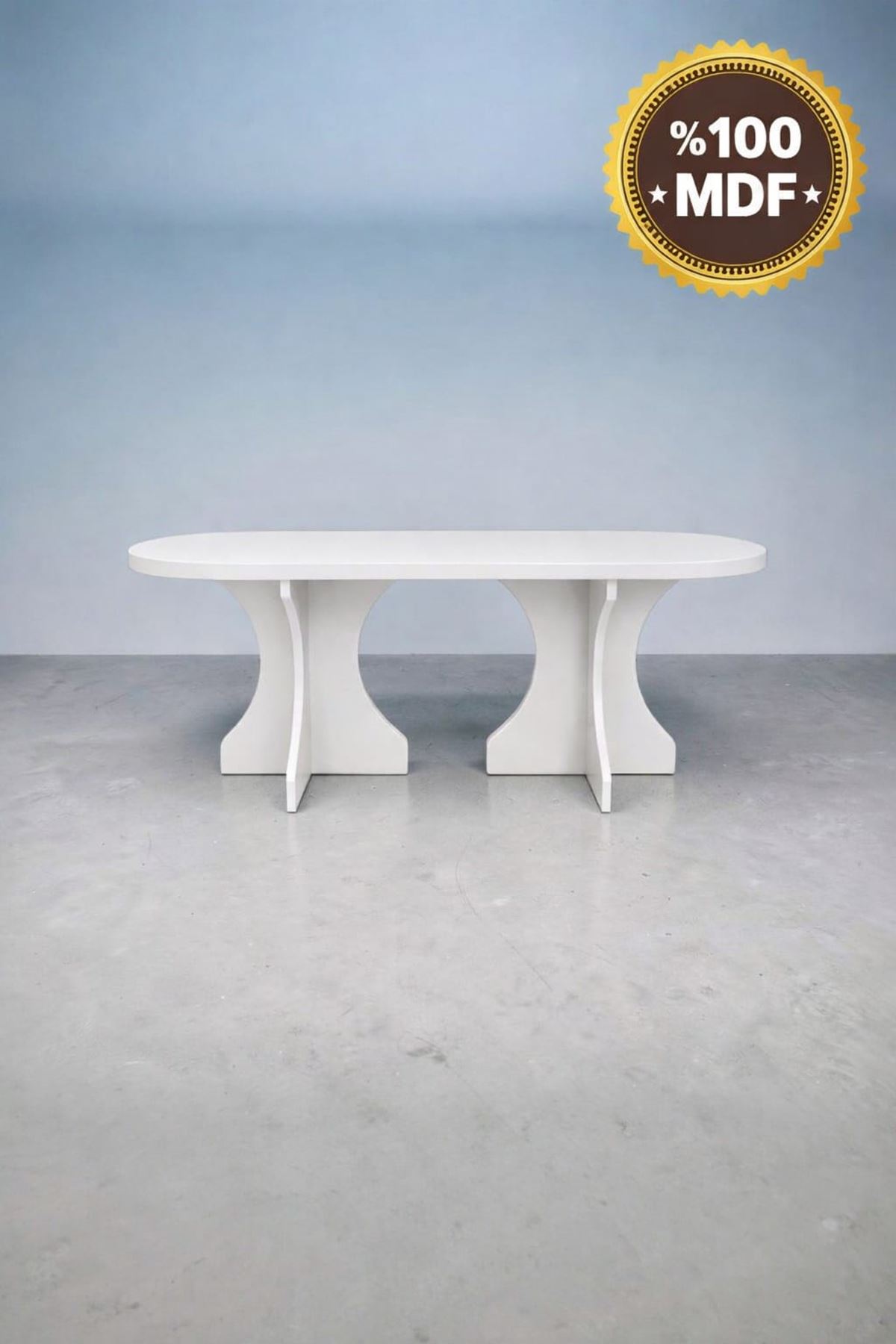 Oval Salon Yemek Masası Kemer Ayak 36mm Kalın Kenarlı 160x90 -Beyaz