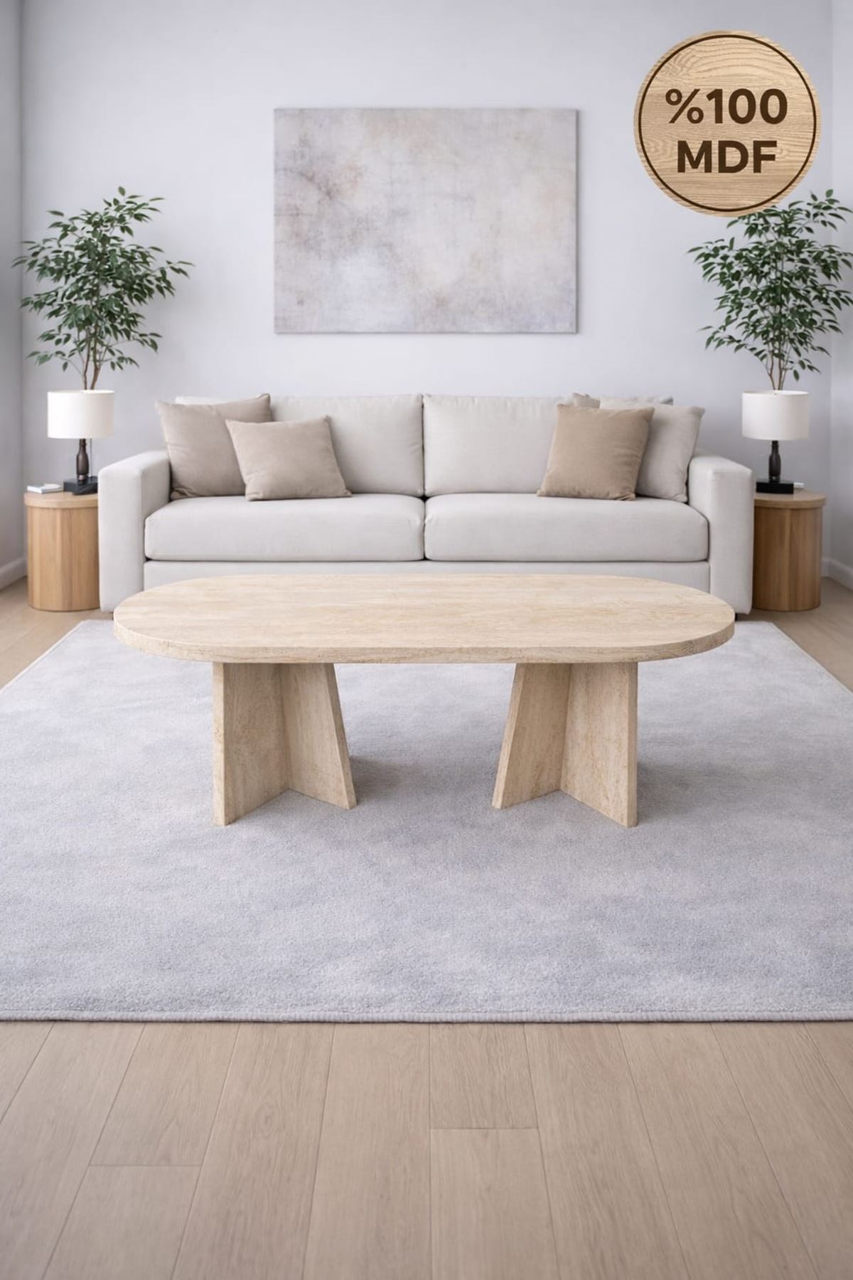 Oval Salon Yemek Masası Mantar Ayak 36mm Kalın Kenarlı -Traverten