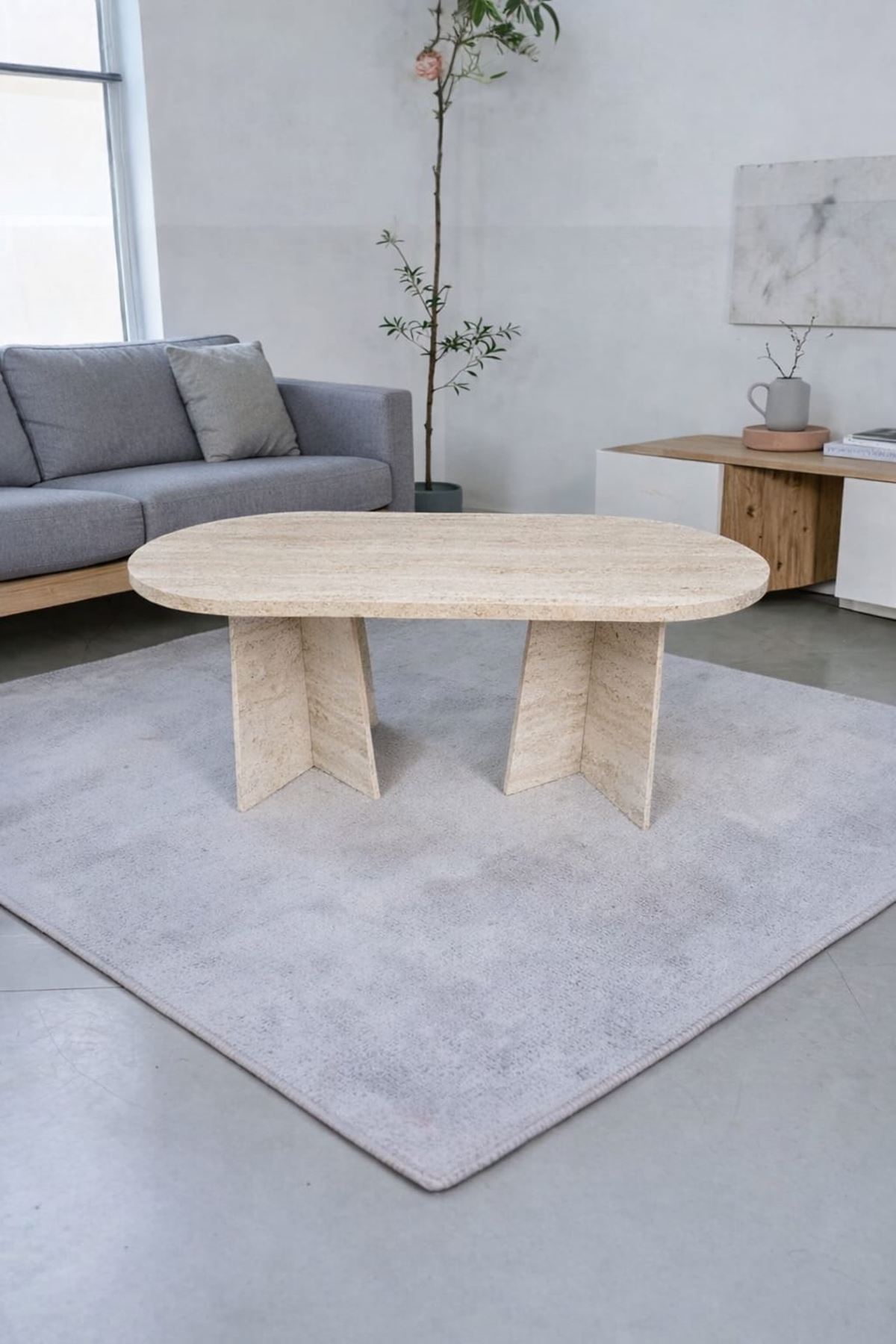 Oval Salon Yemek Masası Mantar Ayak 36mm Kalın Kenarlı -Traverten