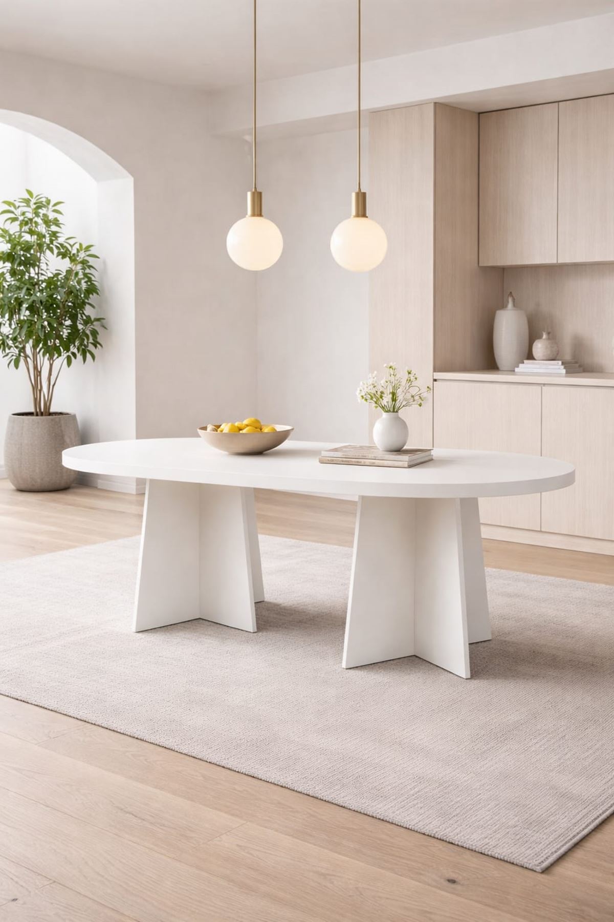 Oval Salon Yemek Masası Mantar Ayak 36mm Kalın Kenarlı 180x90 -Beyaz