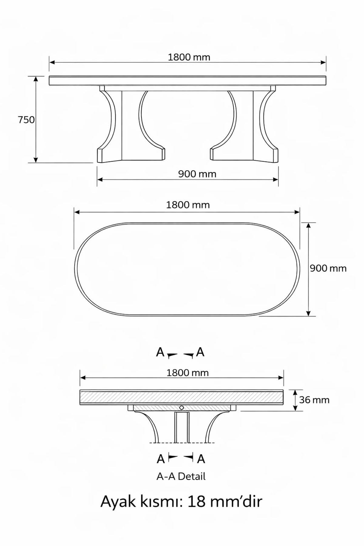 Oval Salon Yemek Masası Mantar Ayak 36mm Kalın Kenarlı -160x90-Afrika Ceviz