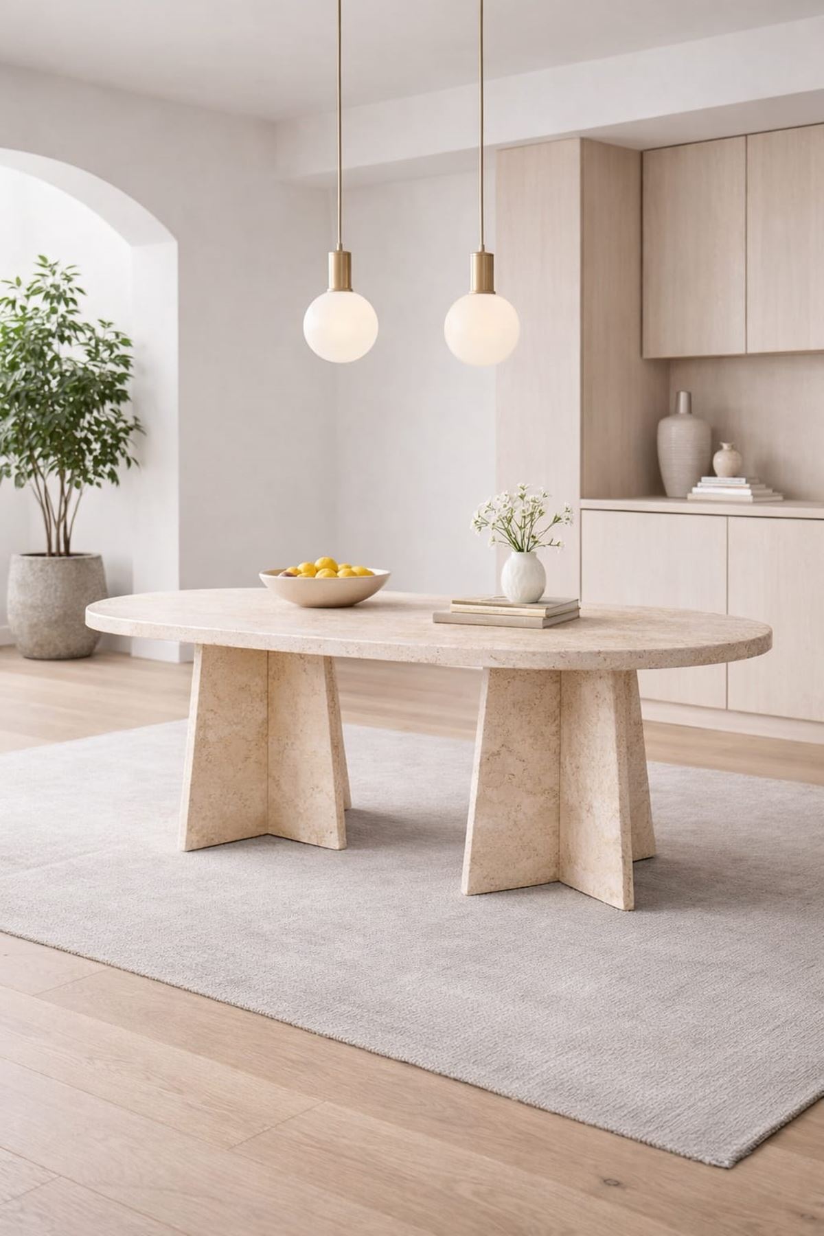 Oval Salon Yemek Masası Mantar Ayak 36mm Kalın Kenarlı 160x90-Traverten