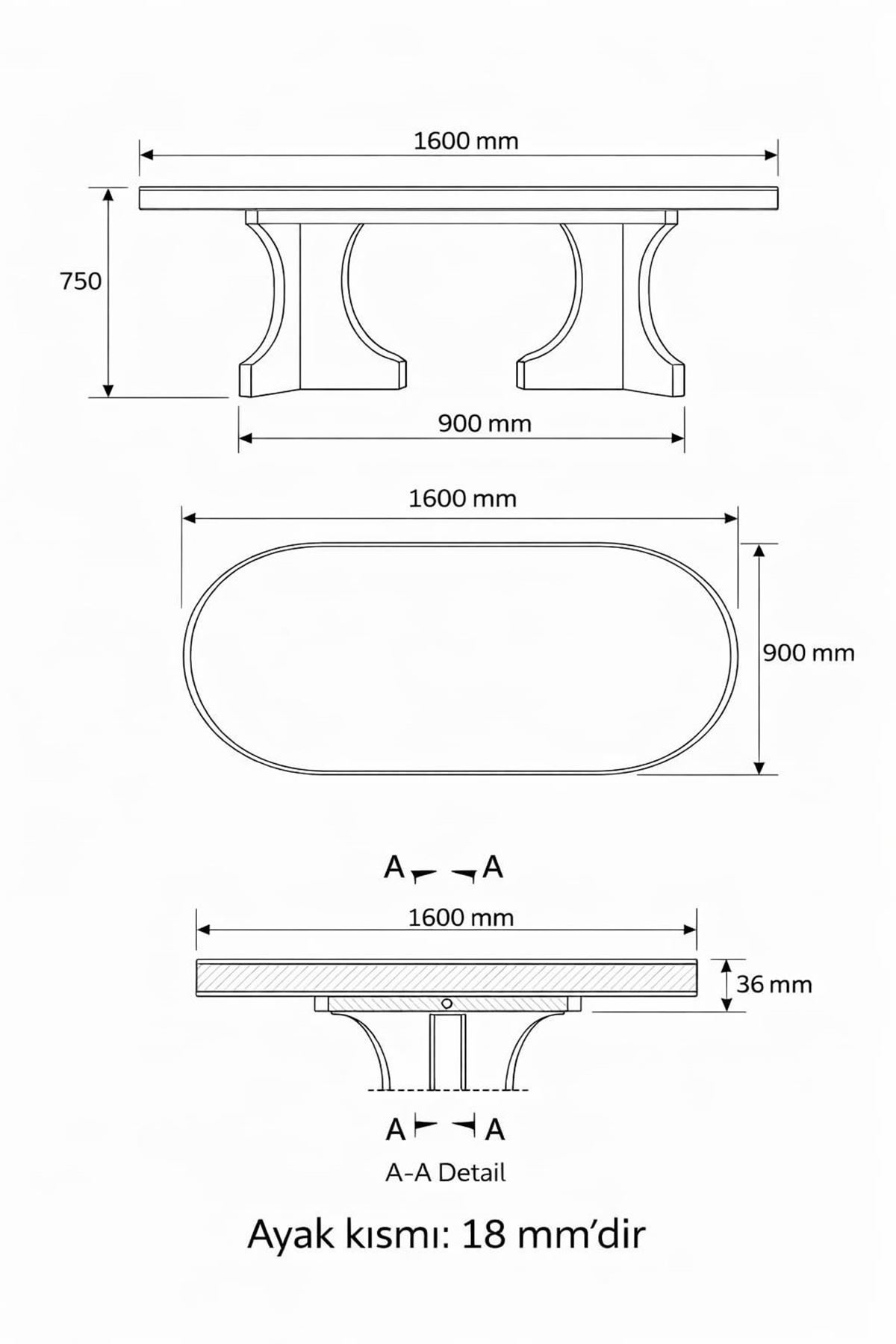 Oval Salon Yemek Masası Kare Ayak 36mm Kalın Kenarlı 160x90 -Beyaz
