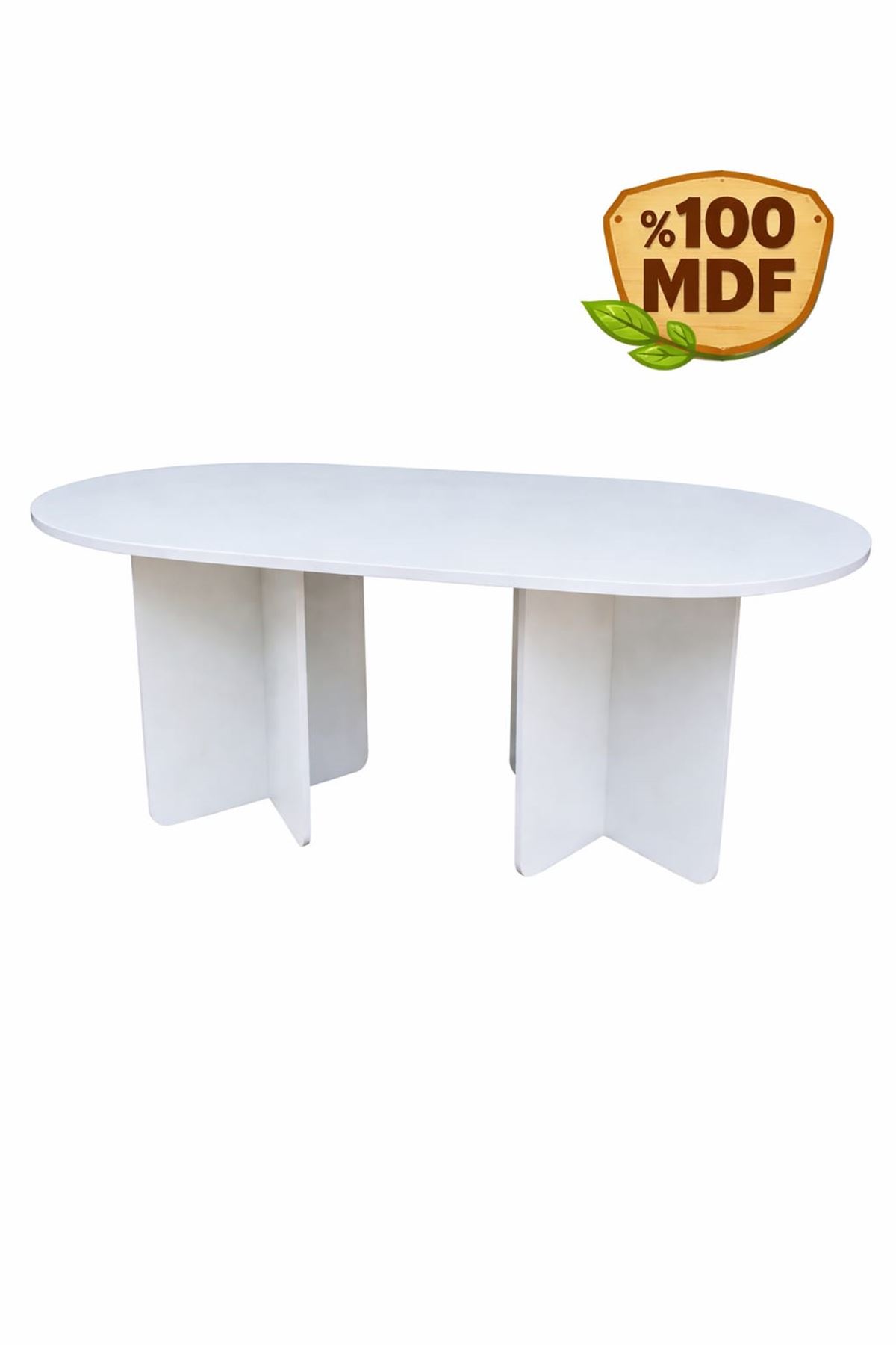 Oval Salon Yemek Masası Kare Ayak 36mm Kalın Kenarlı 160x90 -Beyaz