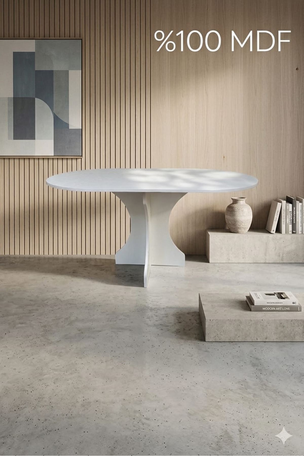 Oval Salon Yemek Masası Kemer Tek Ayak 160x90 -Beyaz 