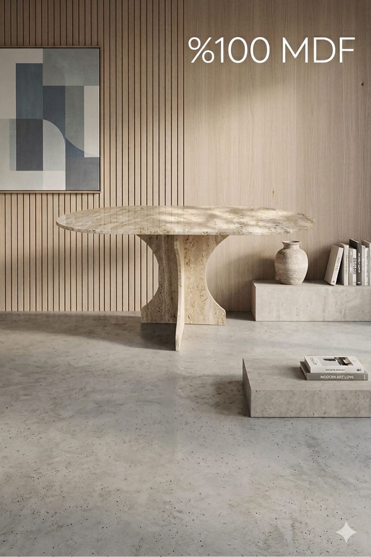 Oval Salon Yemek Masası Kemer Tek Ayak 160x90-Traverten