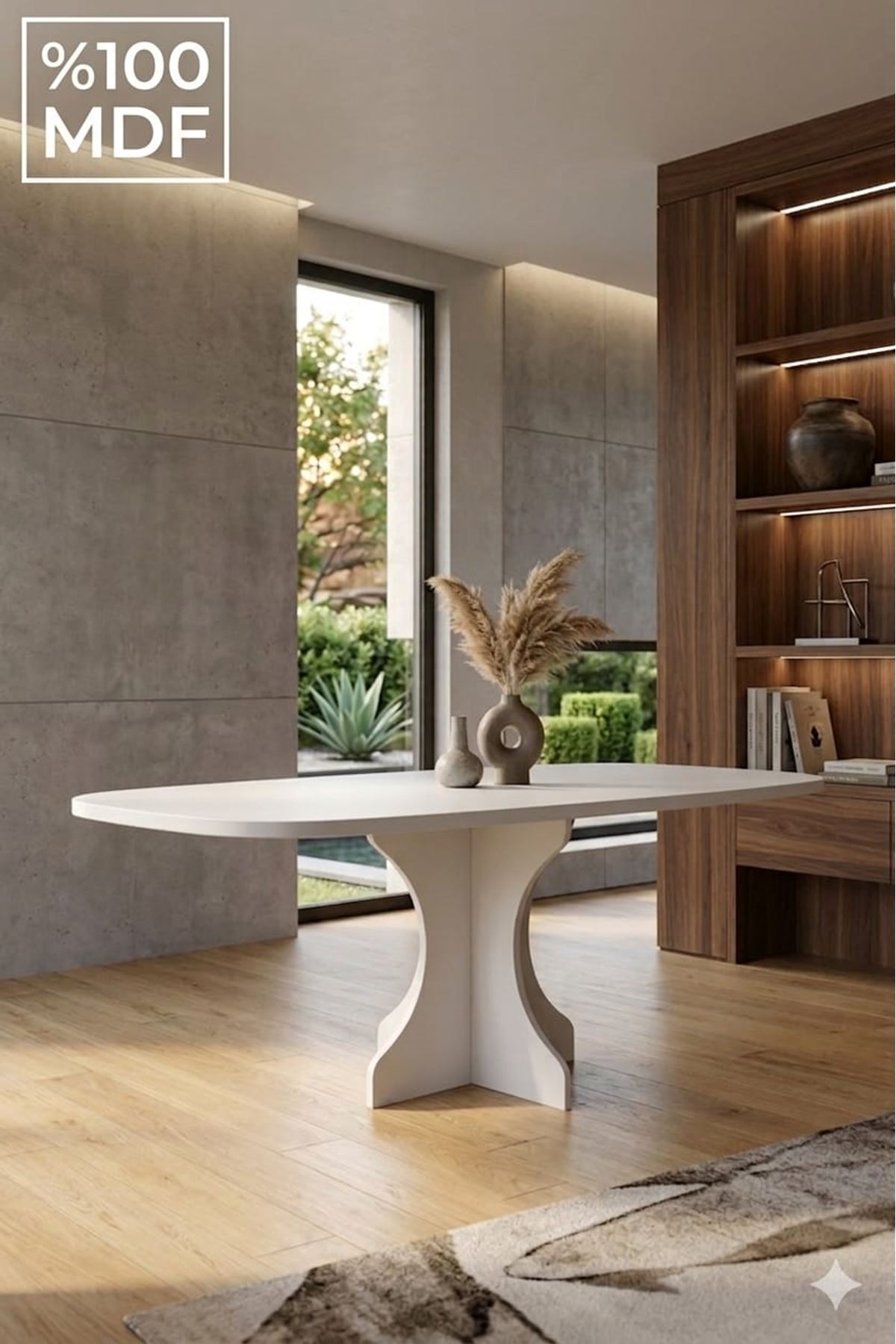 Dikdörtgen Salon Yemek Masası Kemer Tek Ayak 160x90 -Beyaz